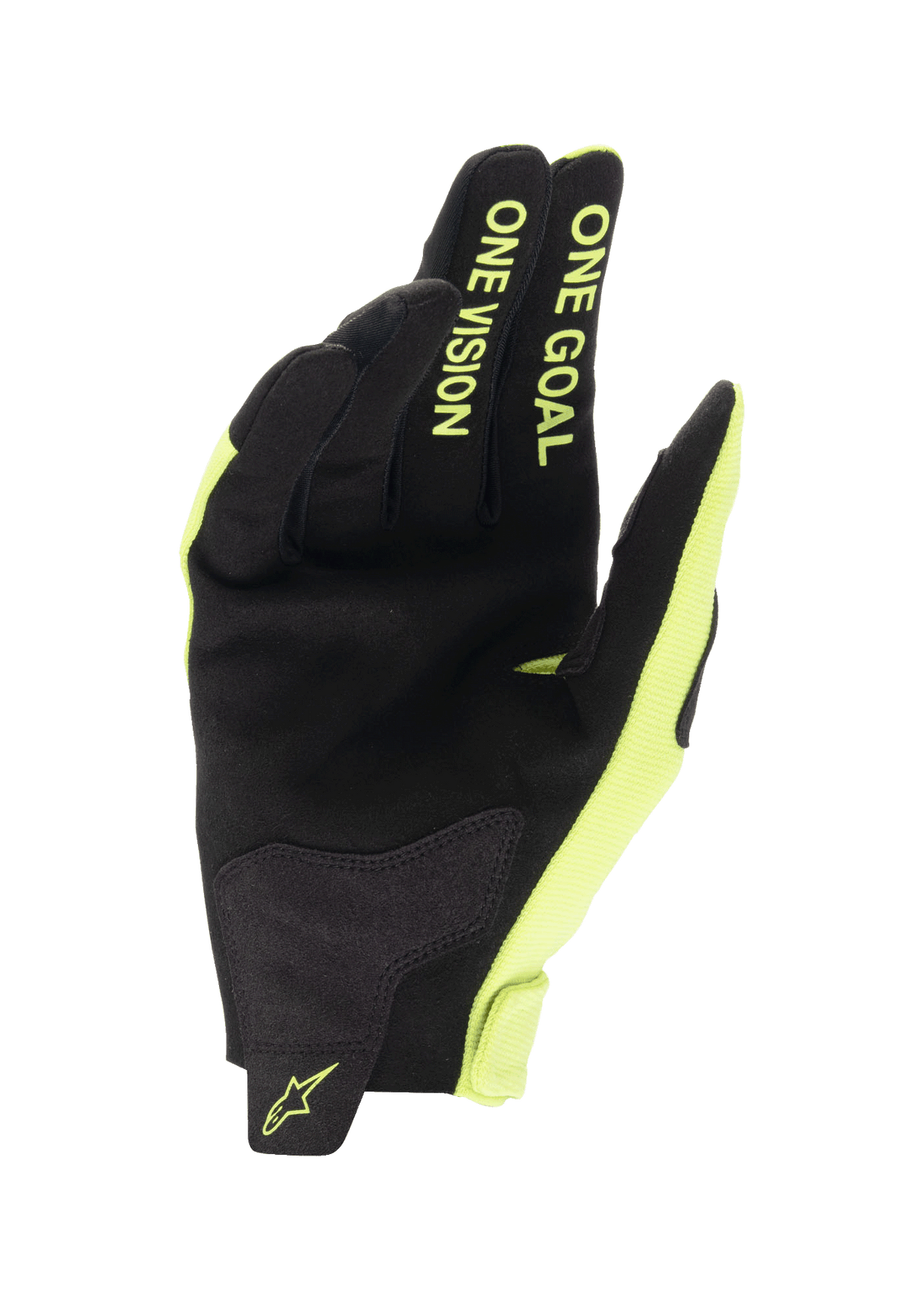 Alpinestars Youth 2024 Radar Gloves, Motocross Gloves, Black and Yellow Fluo, palm view featuring synthetic suede construction, "ONE GOAL ONE VISION" text on fingers in fluorescent yellow, durable design for off-road racing