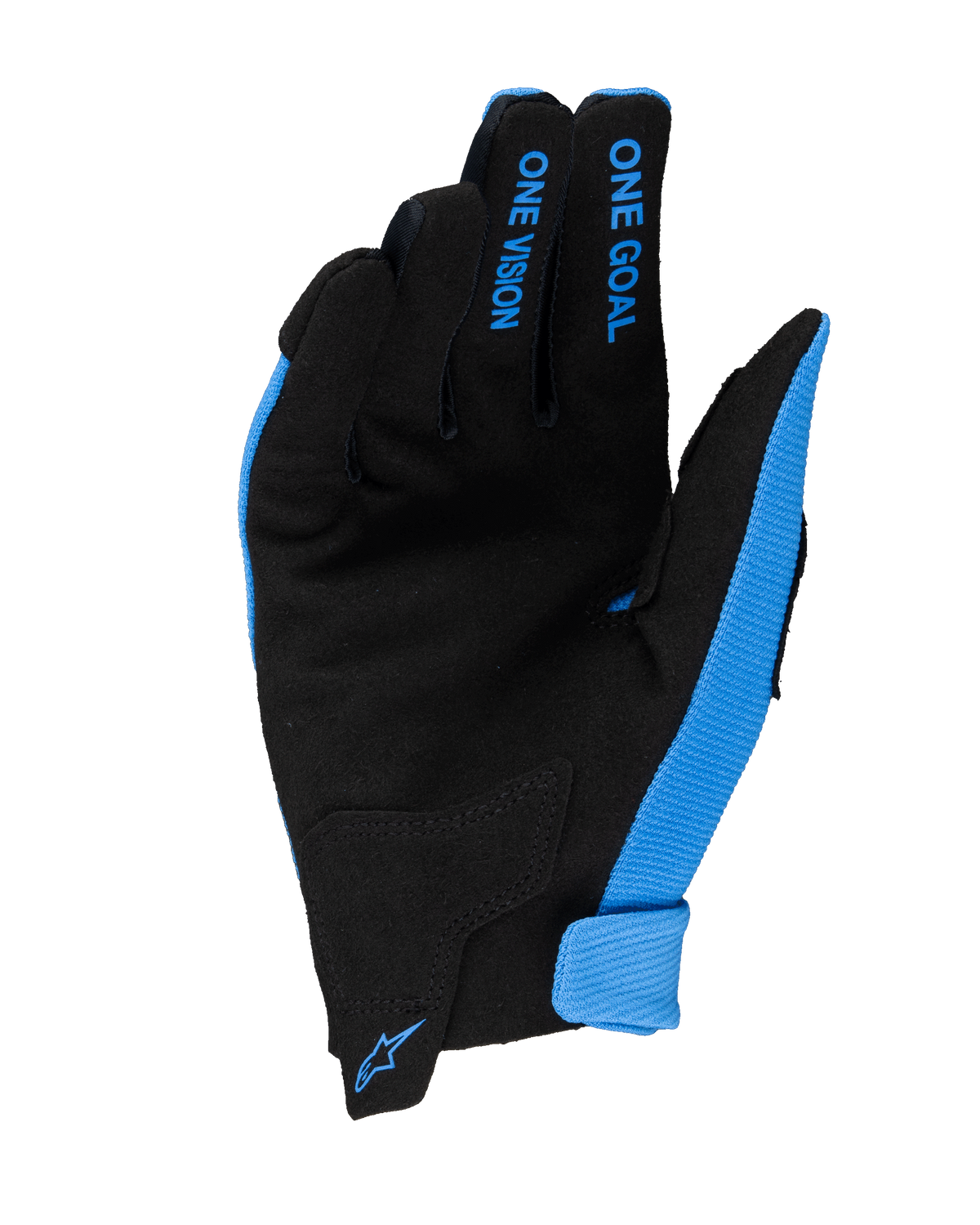 Alpinestars 2025 Youth Radar handschoenen, motorcross handschoenen, blauw en zwart, aanzicht van de handpalm met constructie van synthetisch suède, blauwe "ONE GOAL" en "ONE VISION" tekst op de vingers, klein blauw Alpinestars-logo op de polssluiting