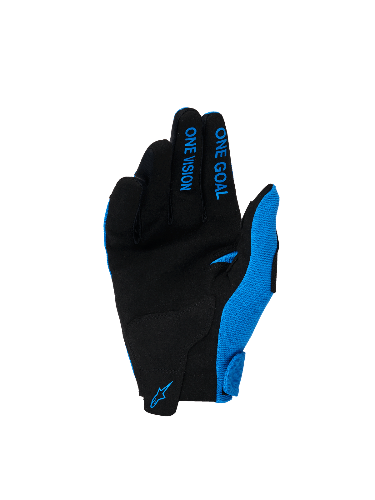 Alpinestars 2026 Jeugd Radar Handschoenen, motorcross handschoenen, Ucla blauw en wit, zwarte synthetisch suède handpalm, blauwe 'ONE GOAL' en 'ONE VISION' tekst op de vingers, blauw Alpinestars-logo op de pols, ontworpen voor off-road prestaties