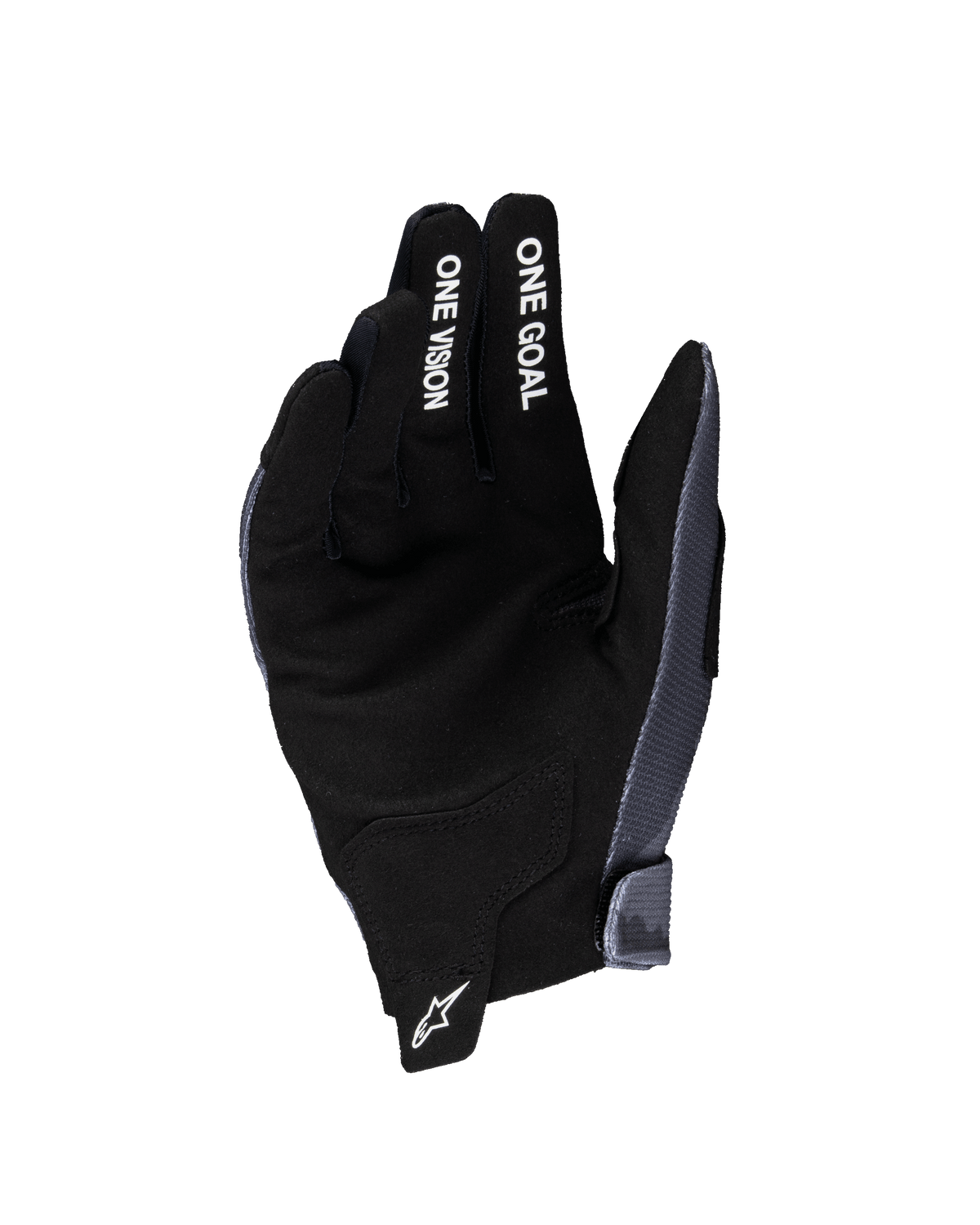 Alpinestars 2025 Youth Radar handschoenen, motorcrosshandschoenen, grijs en zwart, handpalmzijde met synthetisch suèdemateriaal, witte 'ONE GOAL' en 'ONE VISION' tekst op de vingers, wit sterlogo op het treklipje bij de pols, speciaal voor off-road racen voor de jeugd