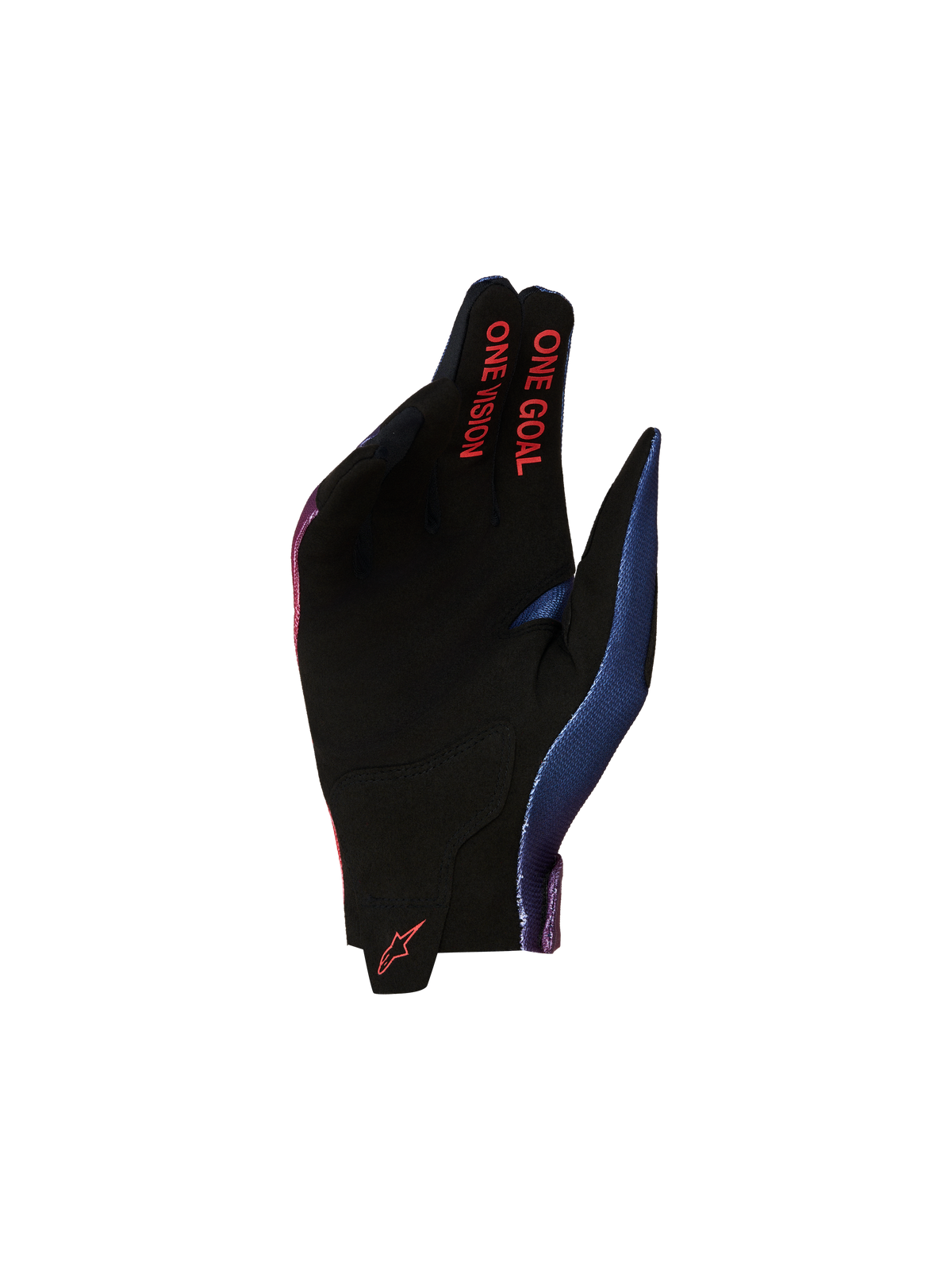 Alpinestars Jeugd Radar motorhandschoenen voor motocross, zwart met rode en blauwe accenten, synthetisch suède handpalm met One Goal One Vision tekst.