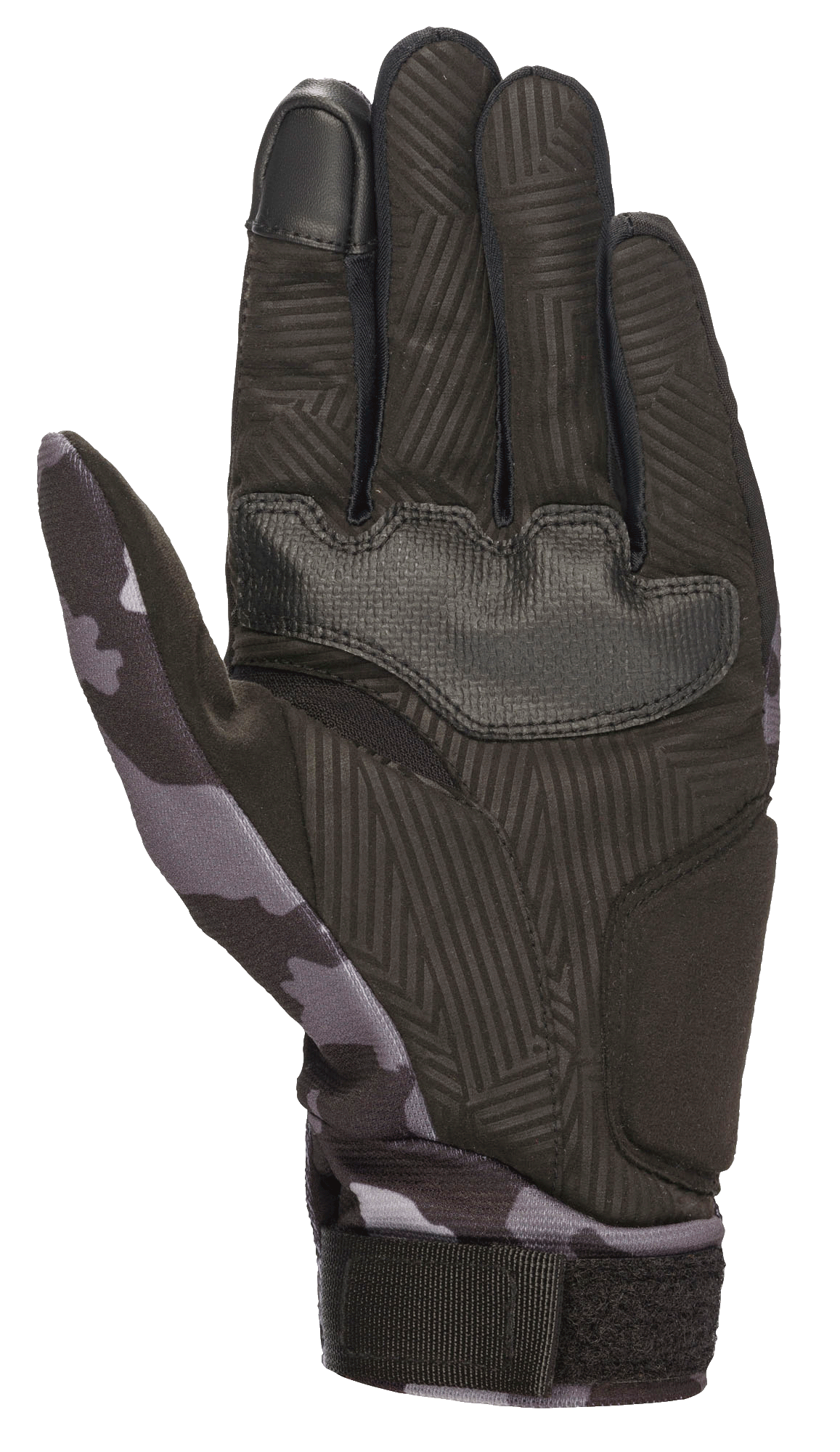 Alpinestars Youth Reef-handschoenen, Black Gray Camo, palmweergave met synthetisch suède en getextureerde grip, camouflagepatroon op de duim en pols, touchscreen-compatibele wijsvinger, motorhandschoenen voor stedelijk gebruik