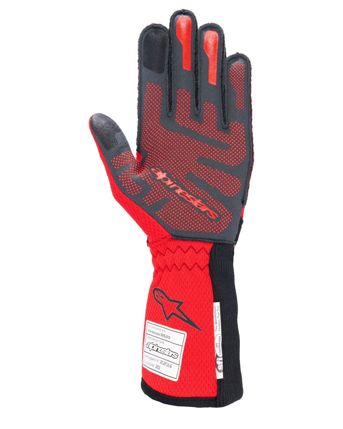 Alpinestars Tech-1 ZX V4 handschoenen, autorace-handschoenen, zwart en rood, handpalmzijde met rood 3D-siliconen grippatroon en FIA/SFI-homologatielabels op de manchet, ontworpen voor hoogwaardige autosport
