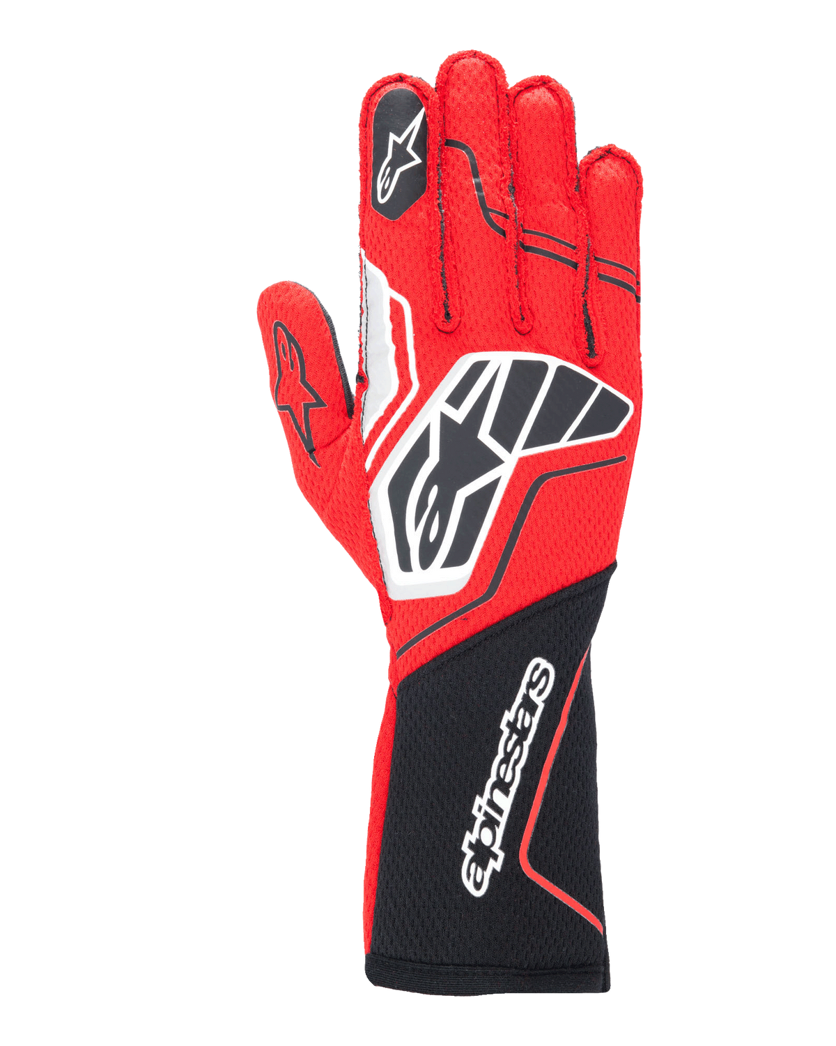 Alpinestars Tech-1 ZX V4 handschoenen, professionele autoracehandschoenen, rood en zwart met witte accenten, honingraatstofconstructie, grote branding, ergonomisch ontwerp voor autosportprestaties
