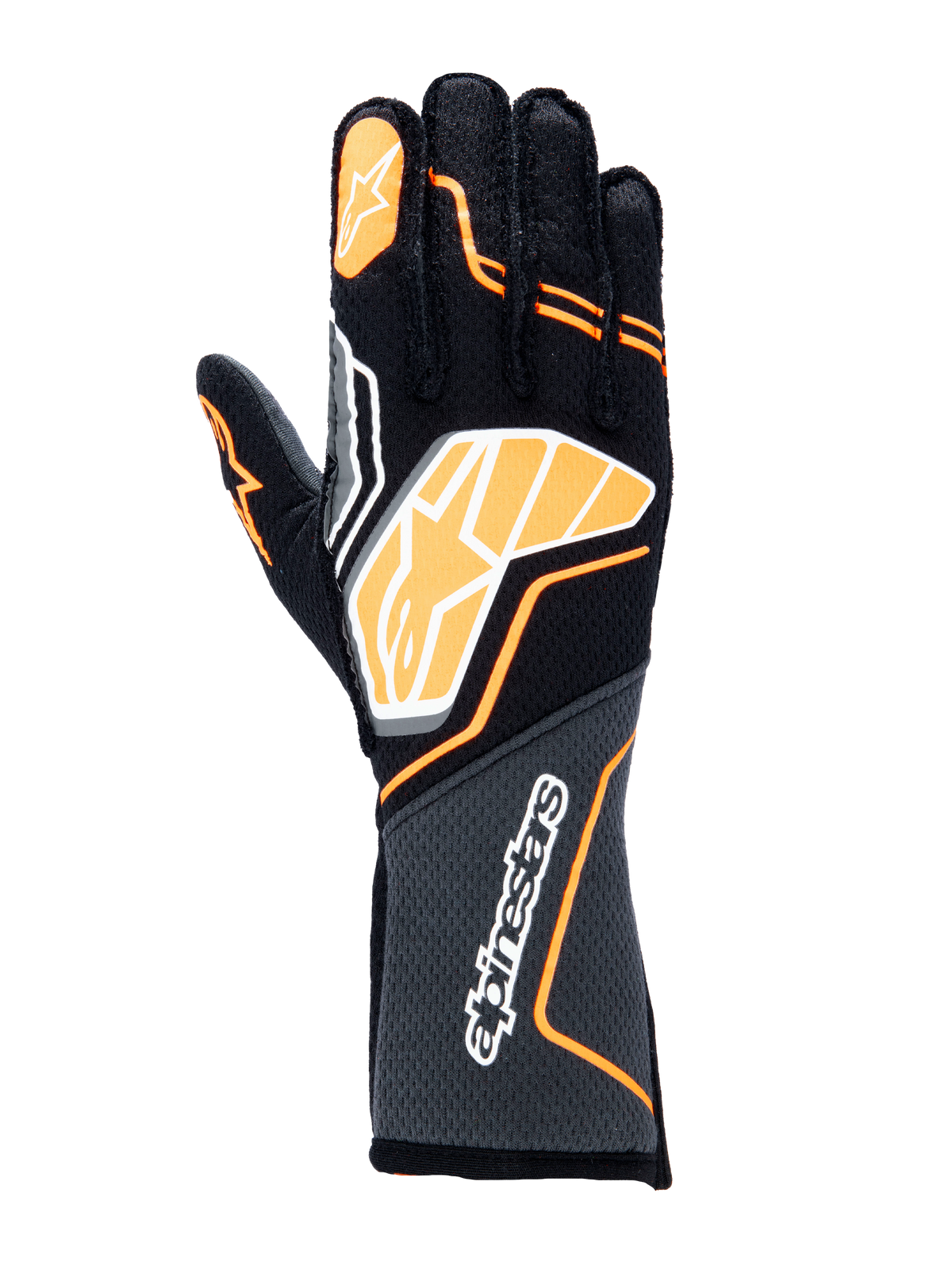 Alpinestars Tech-1 ZX V4 handschoenen, autoracehandschoenen, zwart met oranje fluo en witte accenten, groot grafisch logo op de rug van de hand, honingraat getextureerde stof op de manchet, sportief geometrisch ontwerp voor professioneel racen