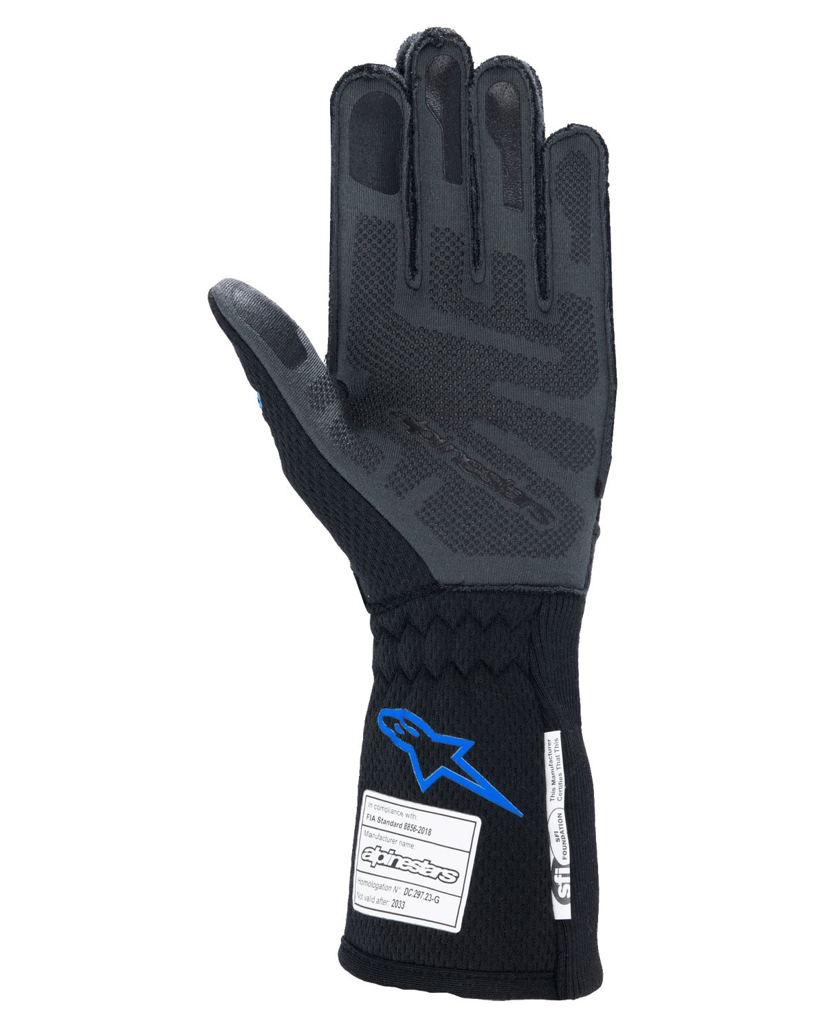 Alpinestars Tech-1 ZX V4 handschoenen, autoracehandschoenen, zwart en blauw, palmweergave met grijze 3D siliconen griptechnologie, met FIA- en SFI-certificeringslabels op de manchet, professionele motorsportbescherming