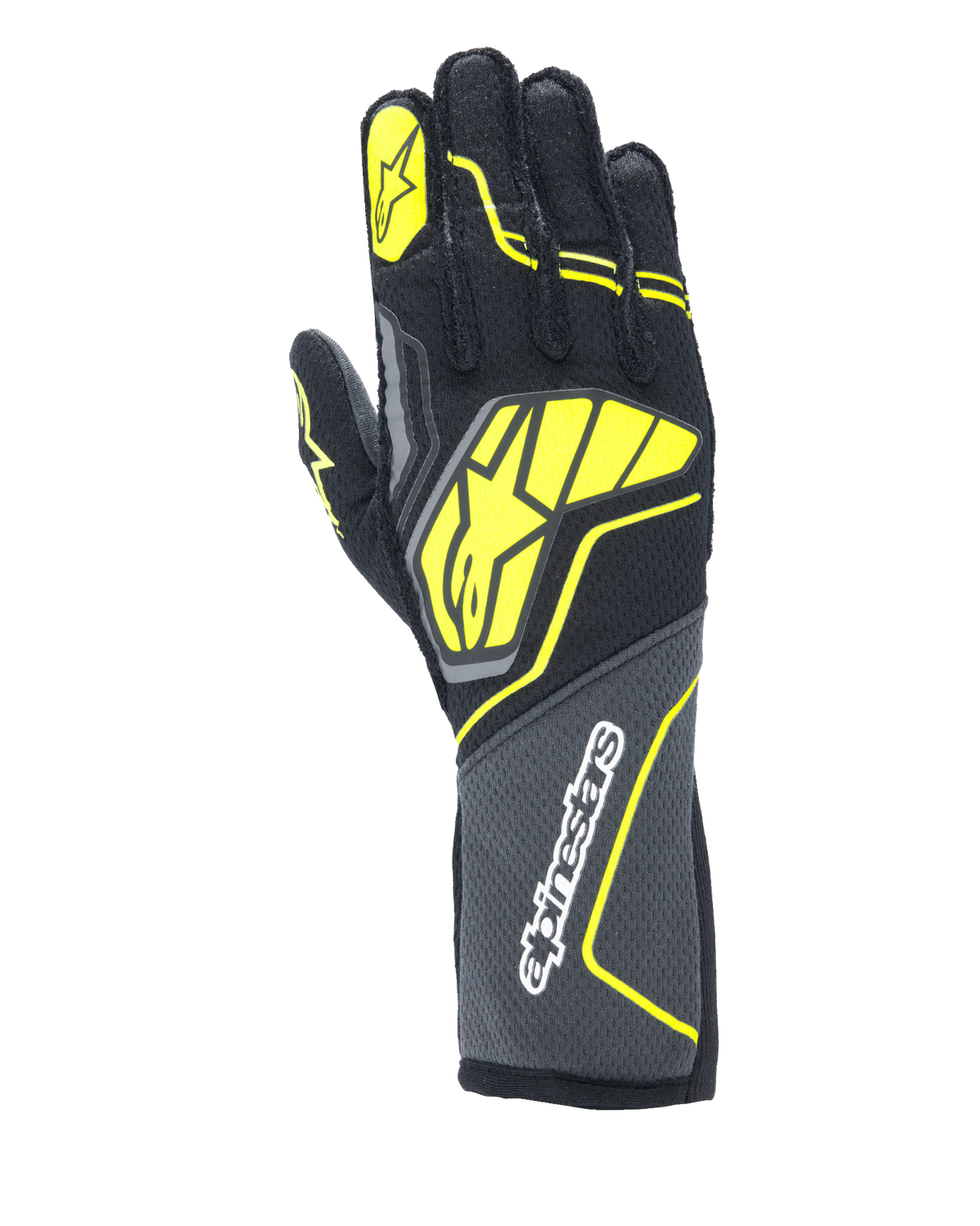 Alpinestars Tech-1 ZX V4 handschoenen, autoracehandschoenen, Tar Gray, zwart en fluogeel, met een groot geel sterlogo op de handrug en witte branding op de manchet, honingraatstof met hoekige neonaccenten, professionele motorsportuitrusting