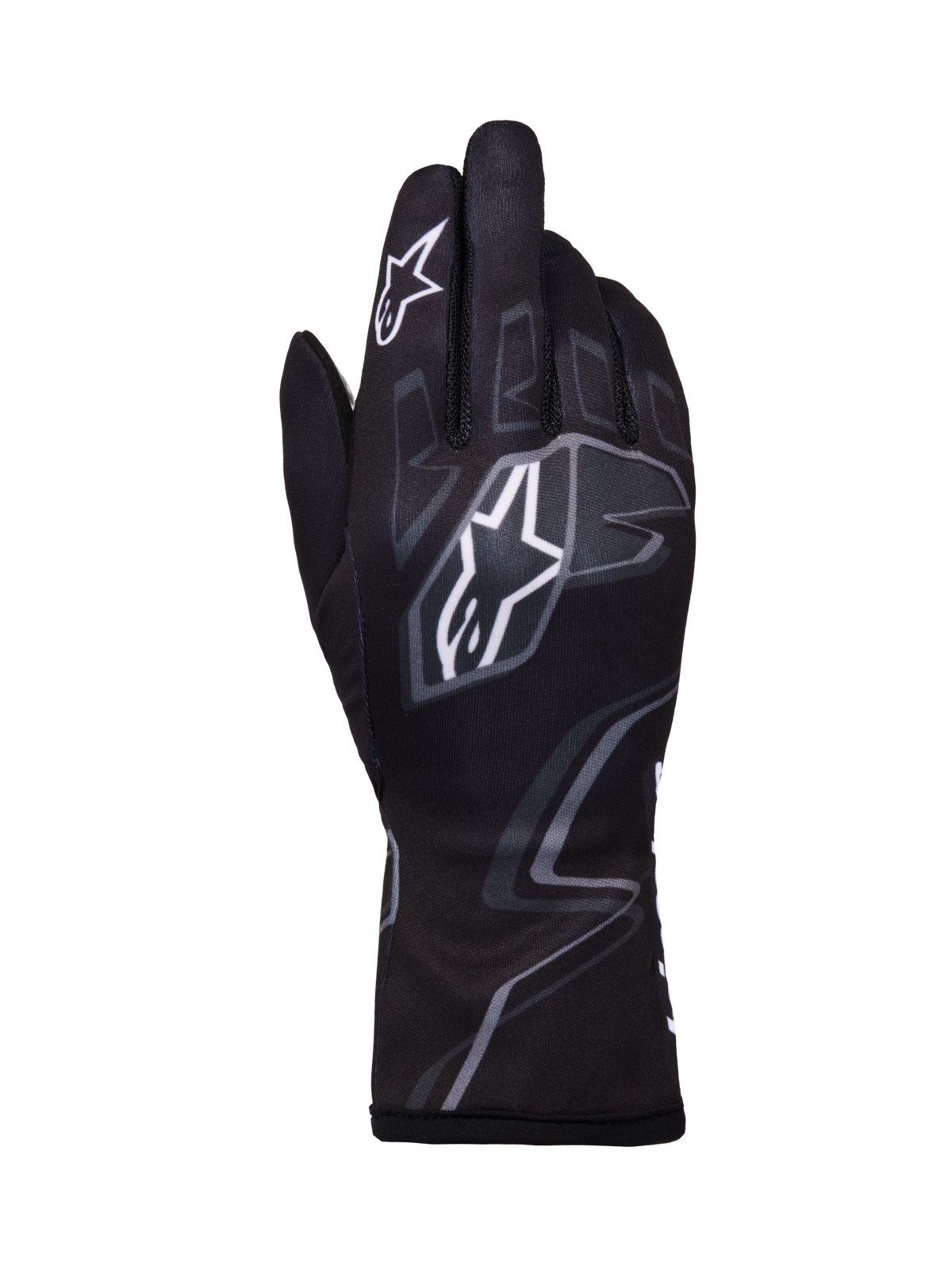Alpinestars Tech-1 K Race V2 Graphic 1 handschoenen, karthandschoenen, zwart met witte en grijze geometrische patronen, voorzien van Alpinestars sterlogo, lichtgewicht textielconstructie met geprinte graphics