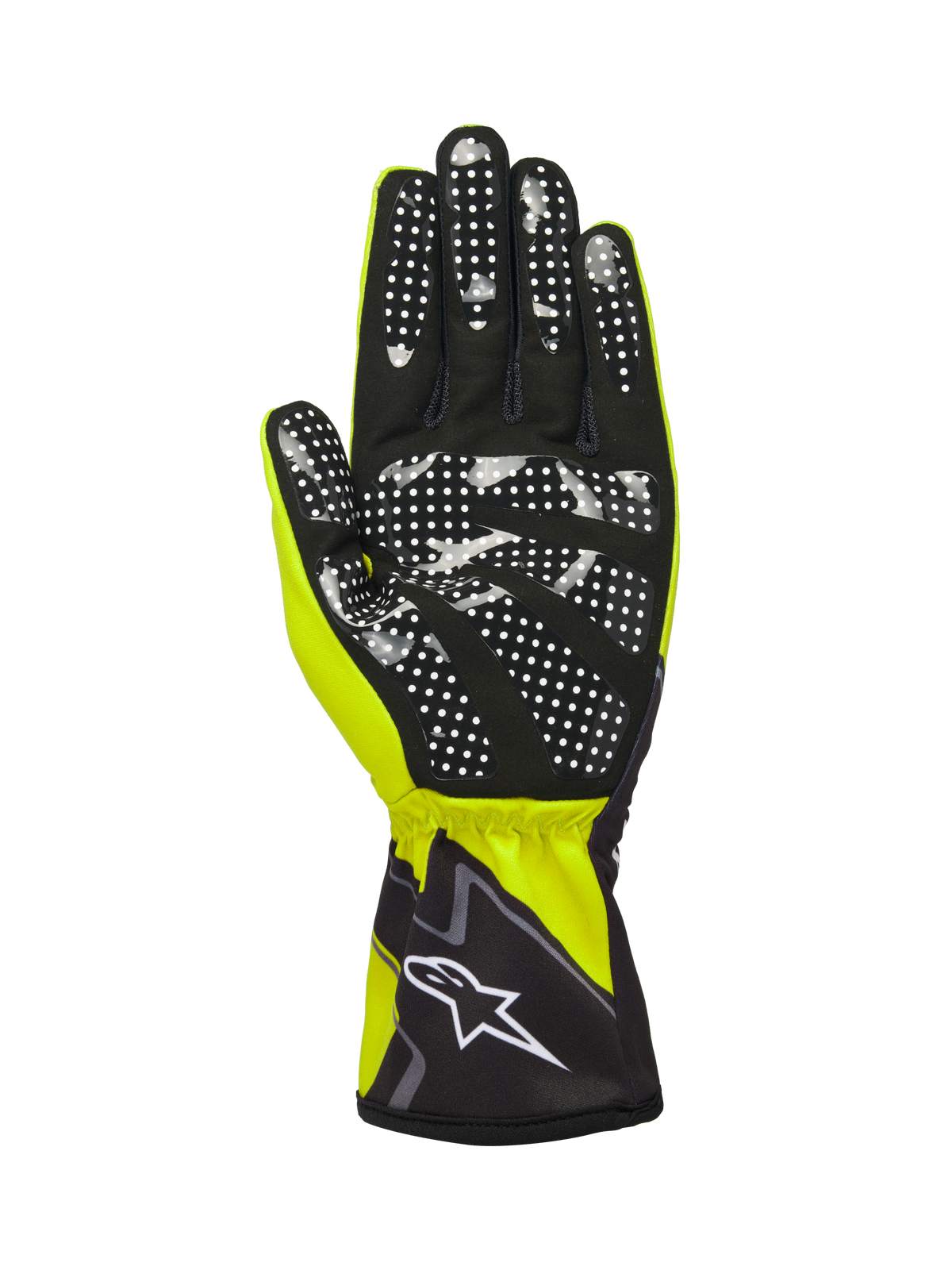 Alpinestars Tech-1 K Race V2 Graphic 1 handschoenen, geel fluo, zwart en wit, zicht op de handpalm voorzien van zwart synthetisch suède met een wit siliconen stippenpatroon voor grip, elastische manchet met wit Alpinestars-logo, hoogwaardige karthandschoen