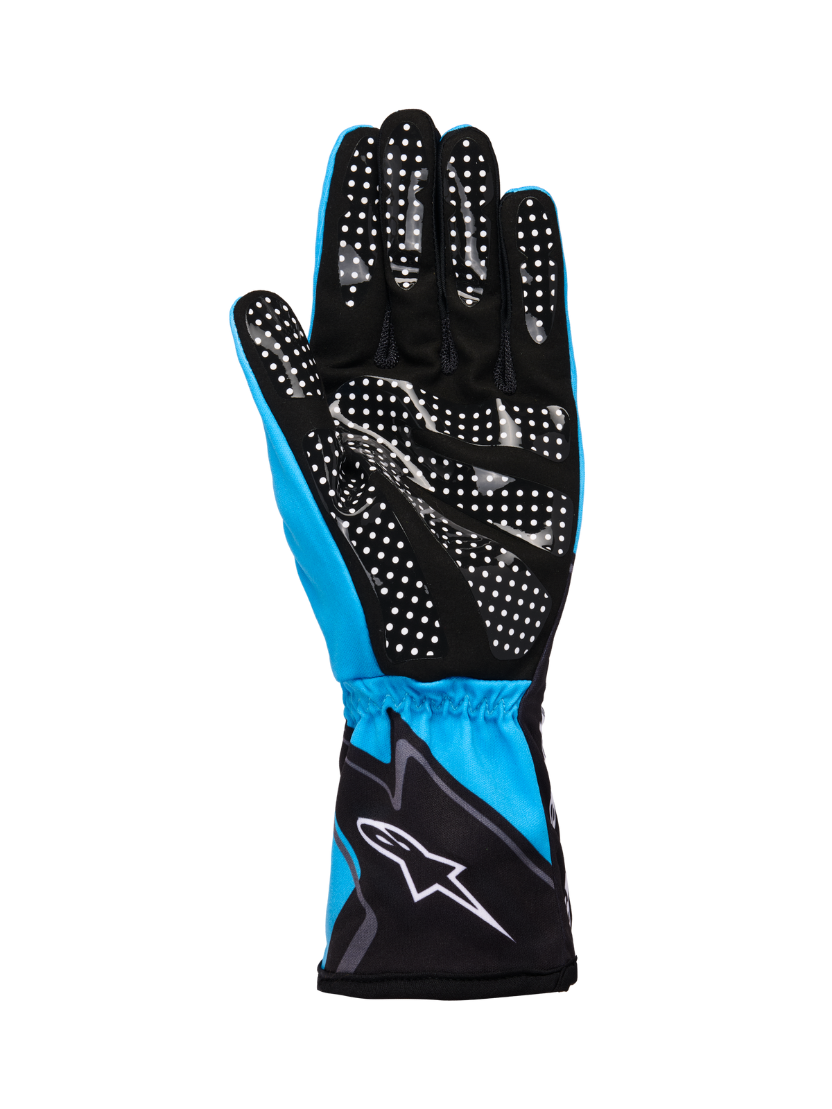Alpinestars Tech-1 K Race V2 Handschoenen Graphic 1, karthandschoenen, cyaan, zwart en wit, voorzien van een synthetisch suède handpalm met wit siliconen stippenpatroon voor grip, elastische manchet met wit Alpinestars logo, lichtgewicht ademende constructie voor de motorsport