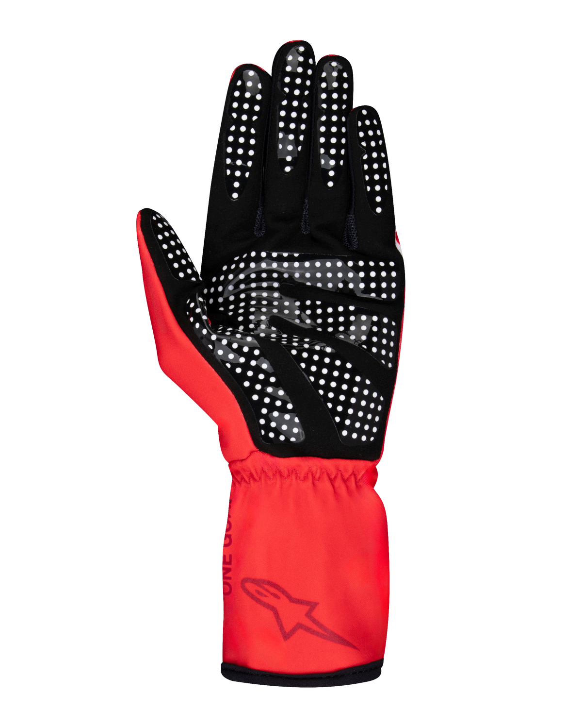 Alpinestars Youth Tech-1 K Race S V2 Pure Gloves, Karting Gloves, Red, palm view highlighting white silicone dotted grip on black synthetic suede, features an elasticated wrist with Alpinestars logo.