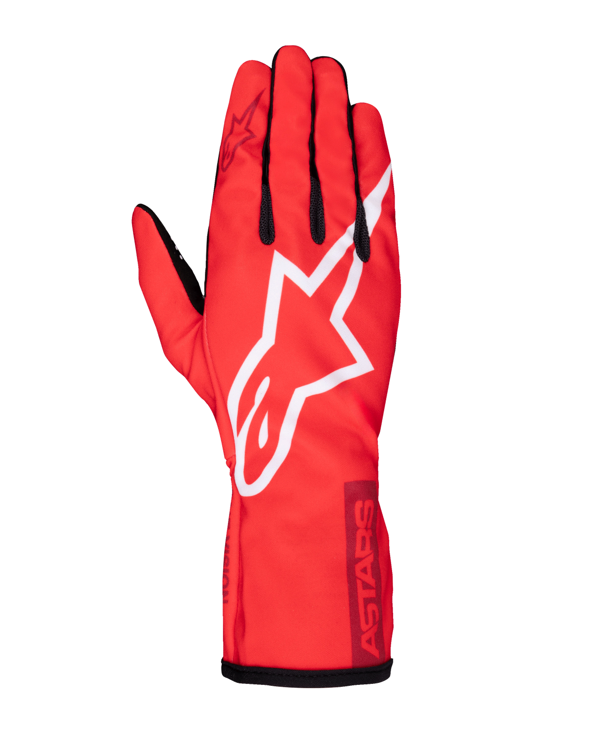 Alpinestars Youth Tech-1 K Race S V2 Pure Gloves, karting racing glove, vibrant red with large white Alpinestars star logo, black accents on fingers and cuff, lightweight polyester-mesh construction for junior racers, top-down view showing the back of the glove