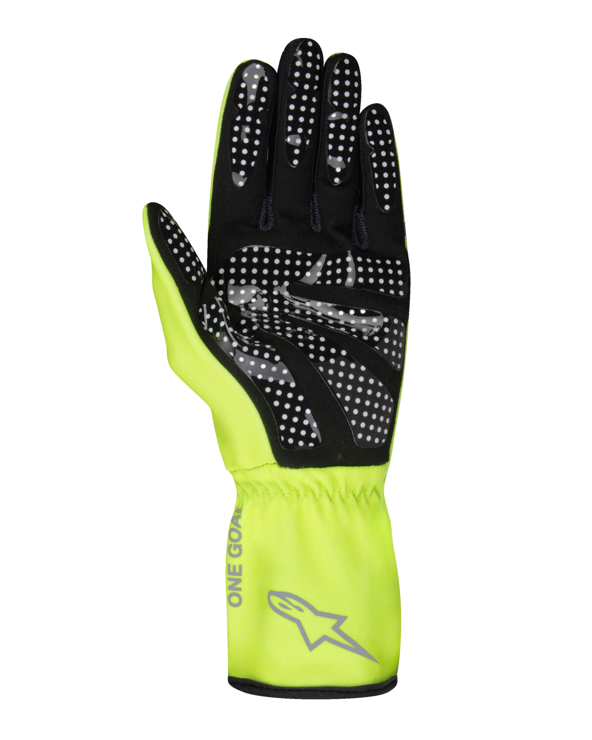 Alpinestars Tech-1 K Race V2 Pure handschoenen, karthandschoenen, fluogeel en zwart, handpalmaanzicht met wit gestippeld siliconen grippatroon, grijs Alpinestars-logo en 'ONE GOAL'-tekst op de manchet, professionele autosportuitrusting