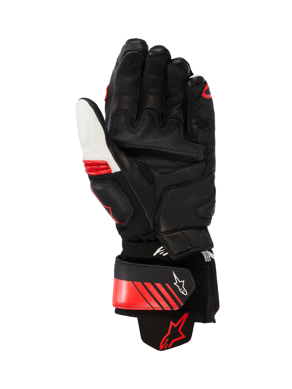 Alpinestars GP Plus R V3 leren handschoenen, race/sport motorhandschoenen, zwart, wit en felrood, palmzicht met versterkte leren constructie, handpalm-sliders en een manchet van aramide stretchstof, voorzien van een veilige polsband met Alpinestars-logo en ergonomisch voorgevormd ontwerp