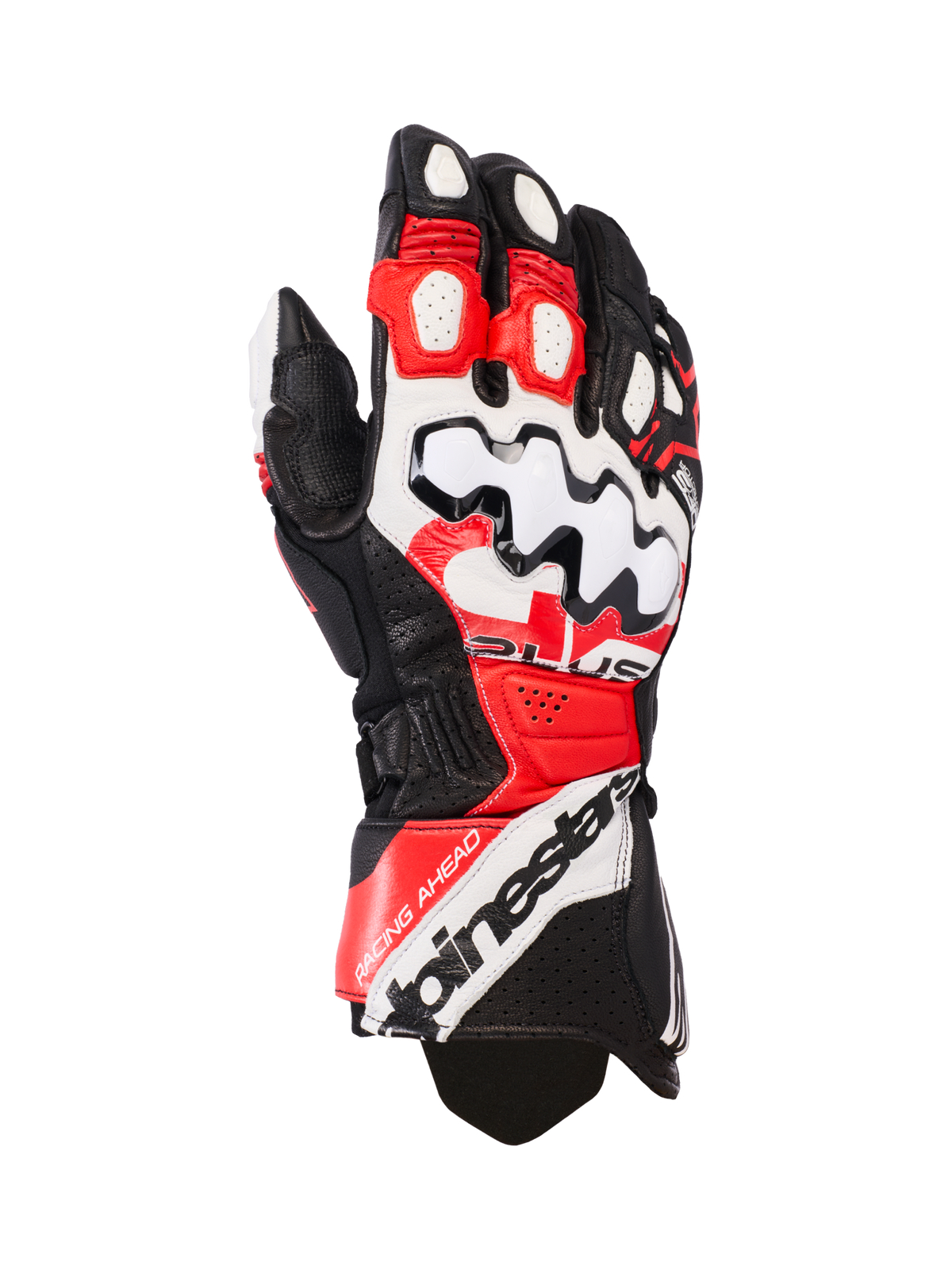 Alpinestars GP Plus R V3 leren motorhandschoenen, motorracehandschoenen, zwart wit en helderrood, met een grote witte knokkelbeschermer met zwarte golfpatronen, geperforeerde leren panelen voor ventilatie en Alpinestars branding op de manchet