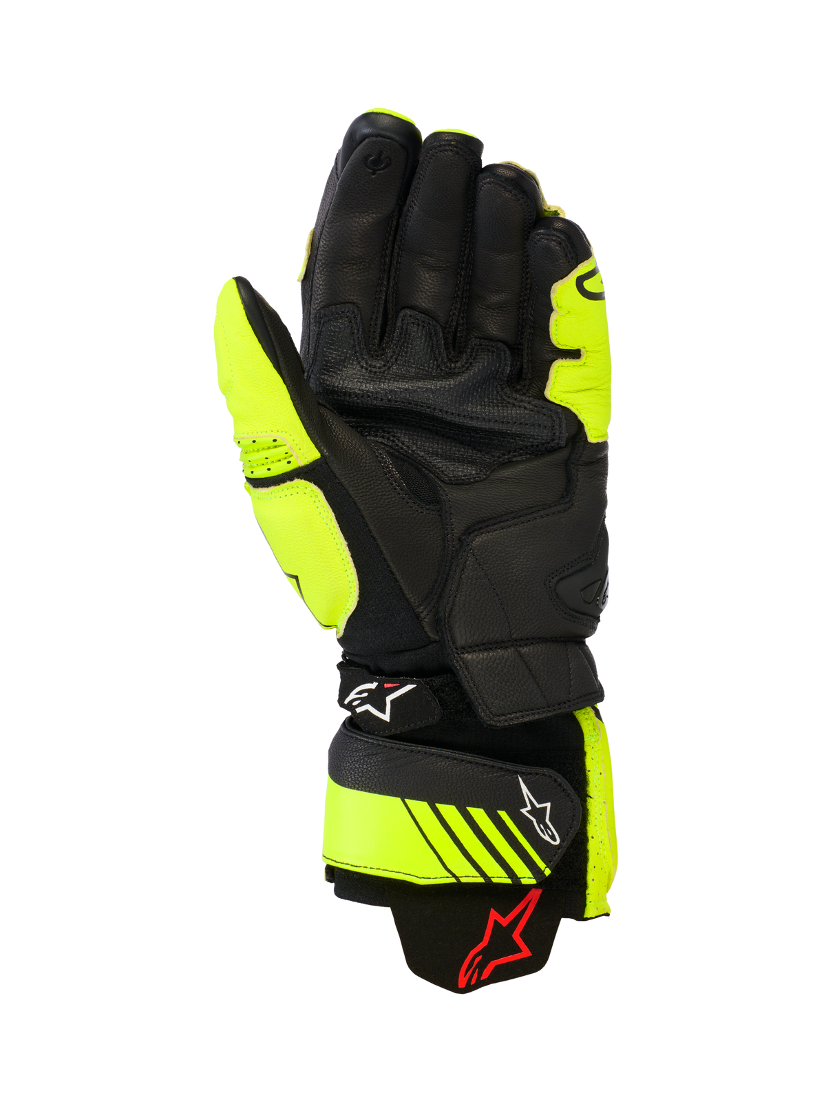 Alpinestars GP Plus R V3 lederen handschoenen, race- en sportmotorhandschoenen, fluogeel en zwart, palmzicht met lederen constructie, versterkte gripvlakken en verstelbare manchetsluitingen met Alpinestars-branding, hoogwaardige circuituitrusting