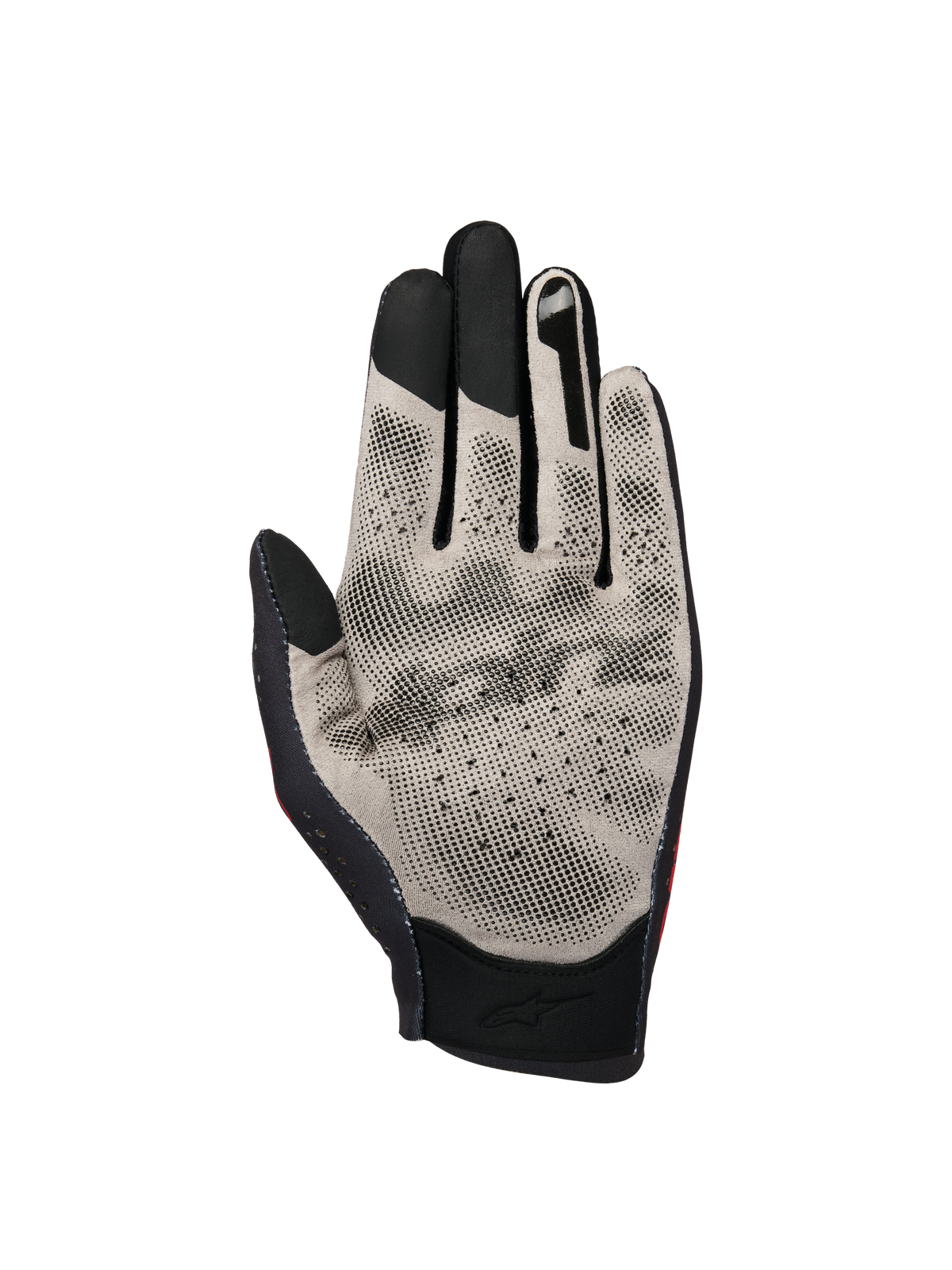 Alpinestars Sim Gloves Graphic 1, SIM-racehandschoenen, palmaanzicht in lichtgrijs en zwart, voorzien van Nanofront-stof met een getextureerd 3D-grippatroon, touchscreen-compatibele vingertoppen en ademend geperforeerd ontwerp.