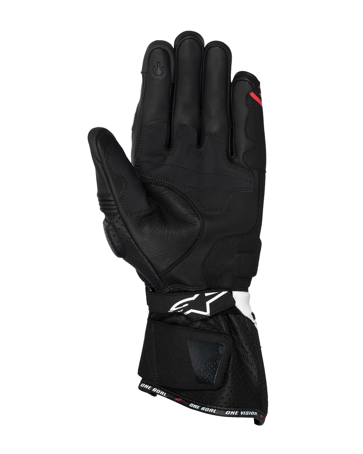 Alpinestars SP-3 handschoenen, zwarte leren motorhandschoenen, handpalmaanzicht met versterkte grippanelen, touchscreen-compatibele wijsvinger, lange manchet met wit logo op de polsband en 'ONE GOAL. ONE VISION.' branding op de zoom.