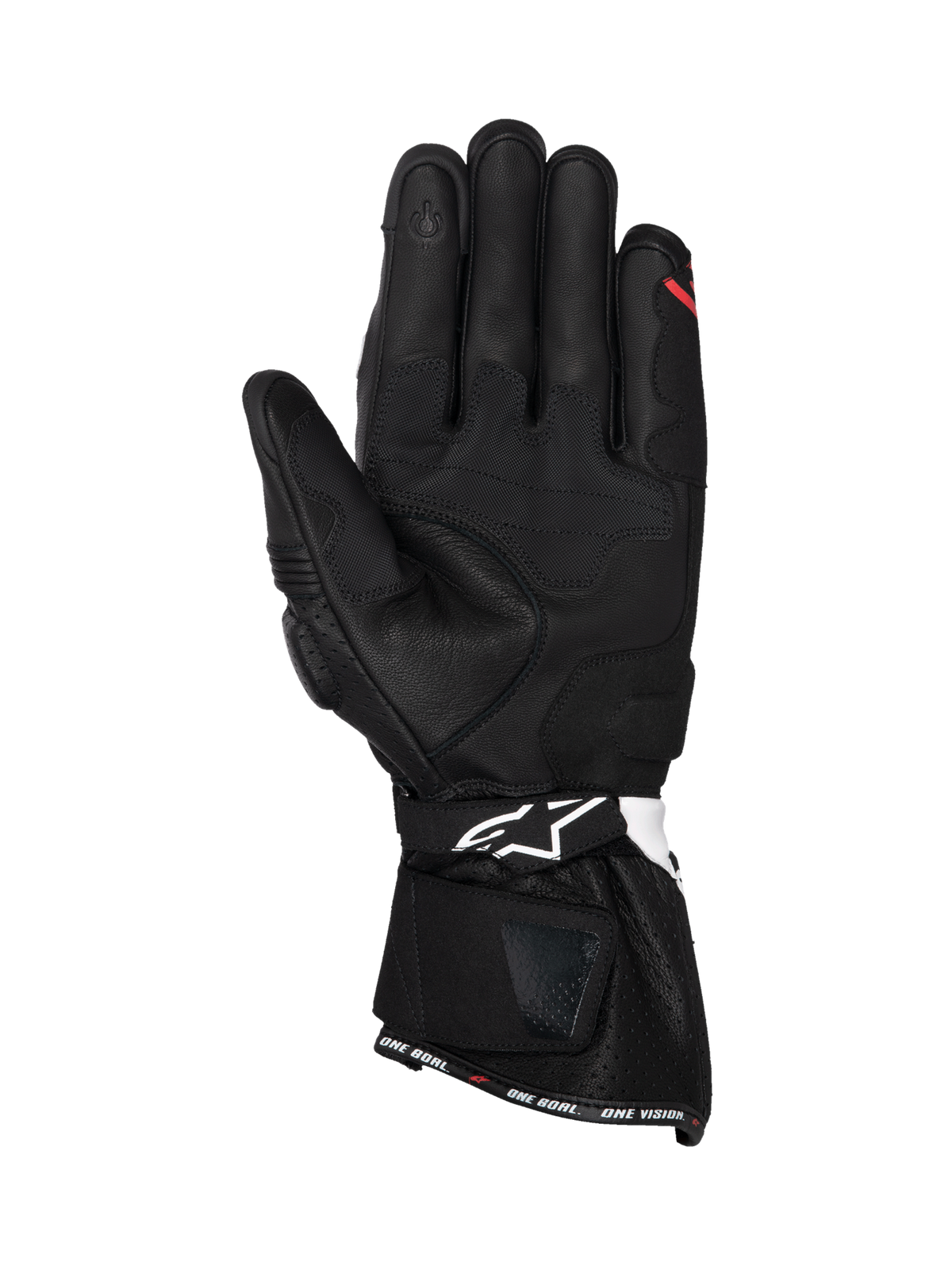 Alpinestars SP-3 handschoenen, heren-motorhandschoenen voor racing, zwart met witte en rode accenten, handpalmweergave met touchscreen-compatibele tip en lederen constructie.