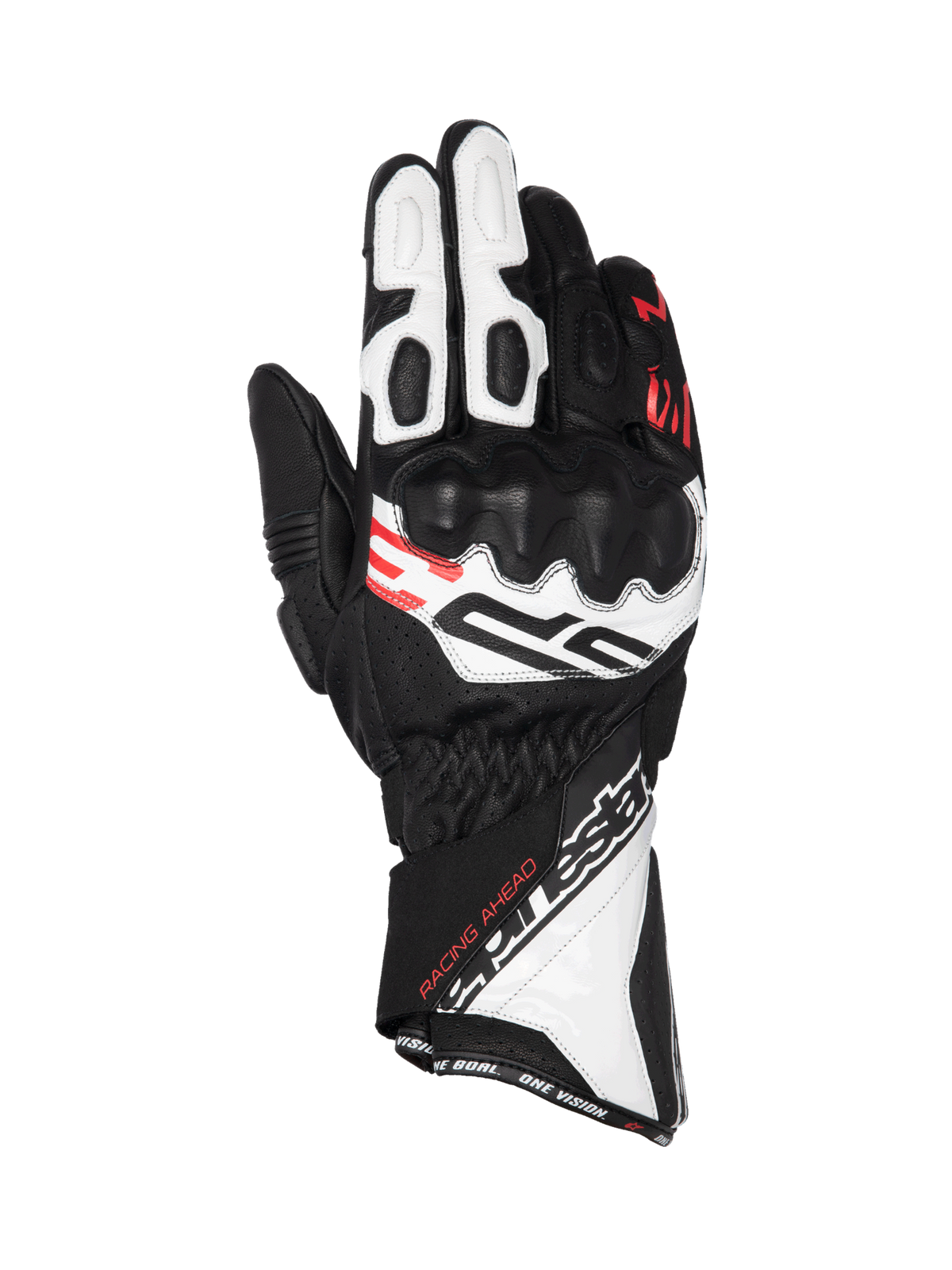 Alpinestars SP-3 motorhandschoenen van zwart, wit en rood leer met CE-gecertificeerde knokkelbescherming.