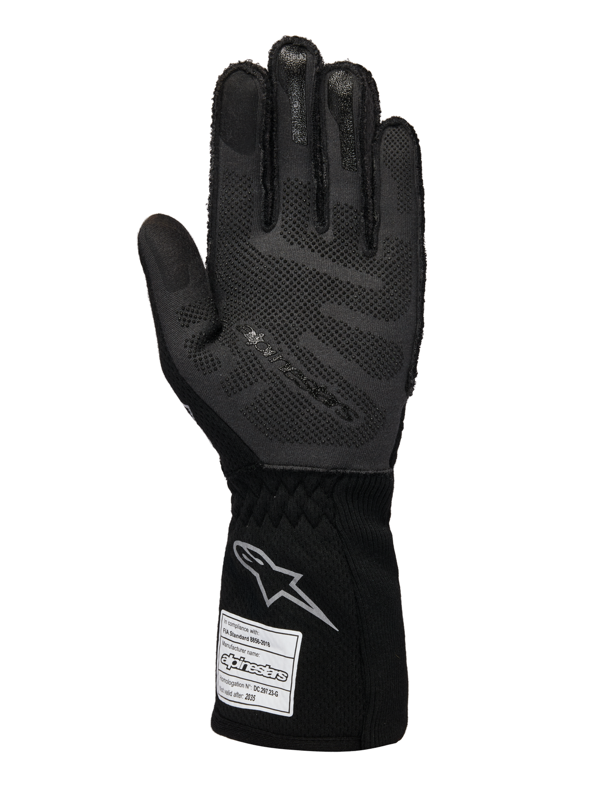Alpinestars Limited Edition Lamborghini Tech-1 ZX V4 handschoenen, auto-racehandschoenen, zwart en donkergrijs, handpalmzicht met 3D siliconen griptechnologie, zilveren logo op de manchet, FIA-homologatielabel, professionele motorsportuitrusting
