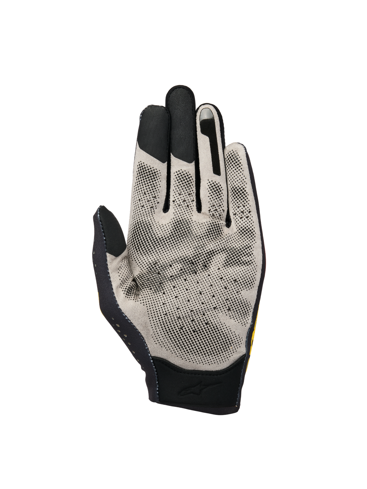 Alpinestars Sim Gloves Graphic 3, SIM-racehandschoenen, handpalmweergave met lichtgrijze Nanofront®-stof en zwart 3D-gestippeld grippatroon, touchscreen-compatibele vingertoppen en ademende geperforeerde constructie voor virtueel racen.