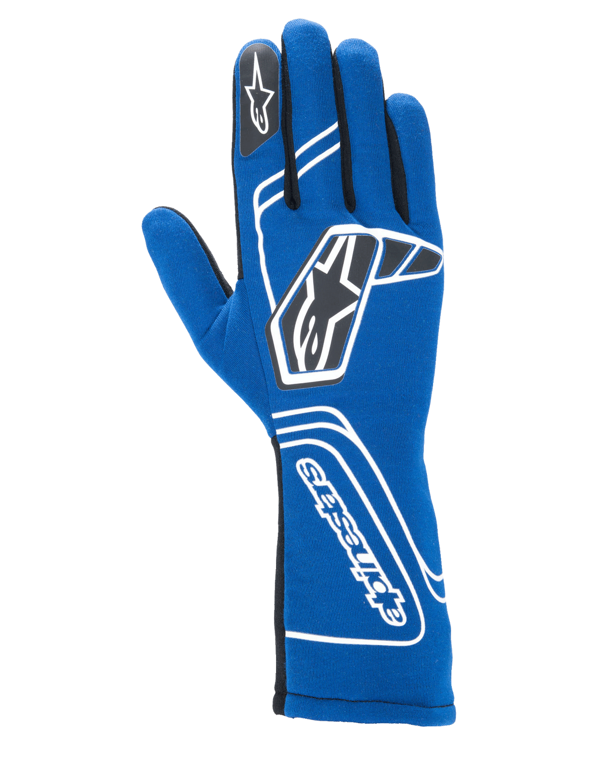 Alpinestars Tech-1 Start V4 handschoenen FIA, autoracehandschoenen, koningsblauw, voorzien van witte geometrische branding en zwarte sterlogo's, verlengde manchet met verticale Alpinestars-tekst, gestroomlijnde naadloze constructie voor lichtgewicht prestaties, FIA-gecertificeerde professionele race-uitrusting