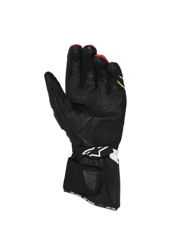 Alpinestars FQ20 SP-3 Monster handschoenen, zicht op de binnenzijde van de handpalm, constructie van zwart geitenleer met versterkte handpalmpads, lange manchet met 'ONE GOAL. ONE VISION.' tekst, dubbel sluitsysteem met Alpinestars-logo op de polsband, racing- en sport-motoruitrusting