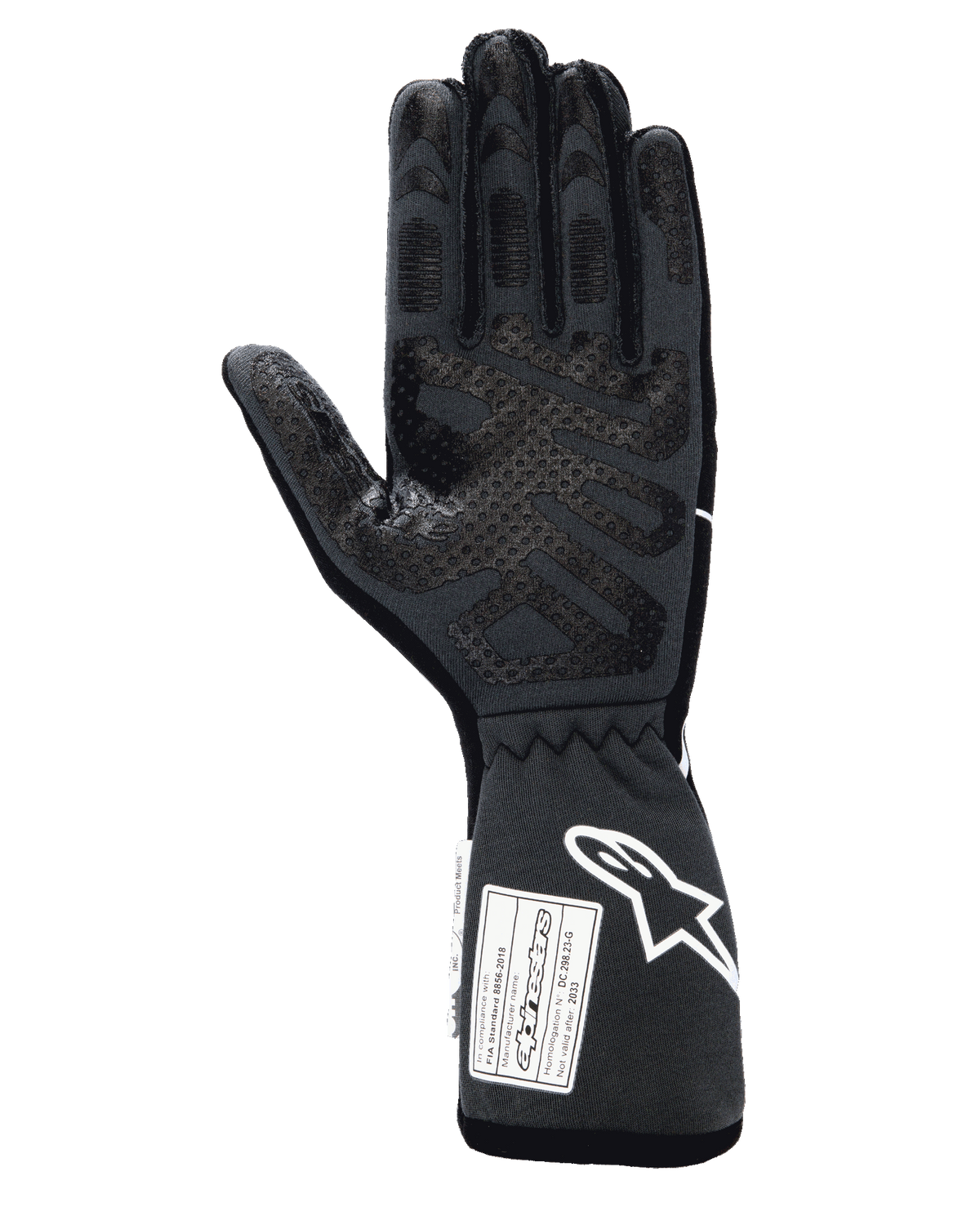 Alpinestars Tech-1 Race V4 handschoenen, professionele autorace-handschoenen, Black Tar Gray, weergave van de palmzijde met uitgebreide siliconen grippatronen op de vingers en palm, verlengde manchet met wit Alpinestars-logo en FIA/SFI-certificeringslabels