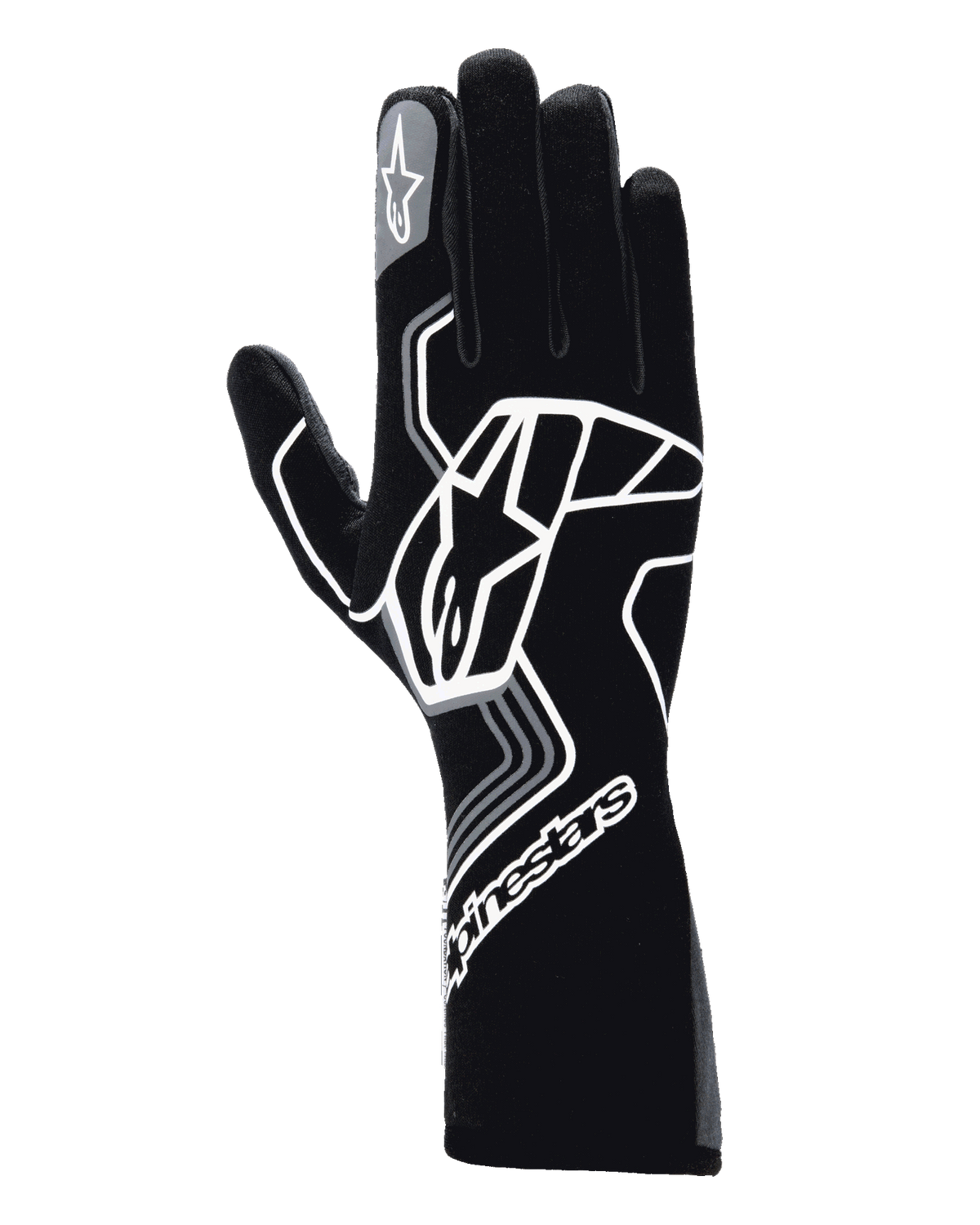 Alpinestars Tech-1 Race V4 handschoenen, autoracehandschoenen, Black Tar Gray, met een groot wit geometrisch sterlogo, Alpinestars-branding op de manchet en wijsvinger, model met lange schacht voor high-performance autosport