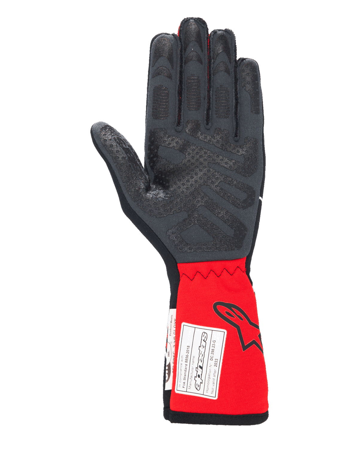 Alpinestars Tech-1 Race V4 handschoenen, autorace-handschoenen, zwart en rood, palmzijde met siliconen grippatronen op de vingers en handpalm, verlengde rode manchet met Alpinestars-logo en FIA-certificeringslabel, hoogwaardige motorsportuitrusting