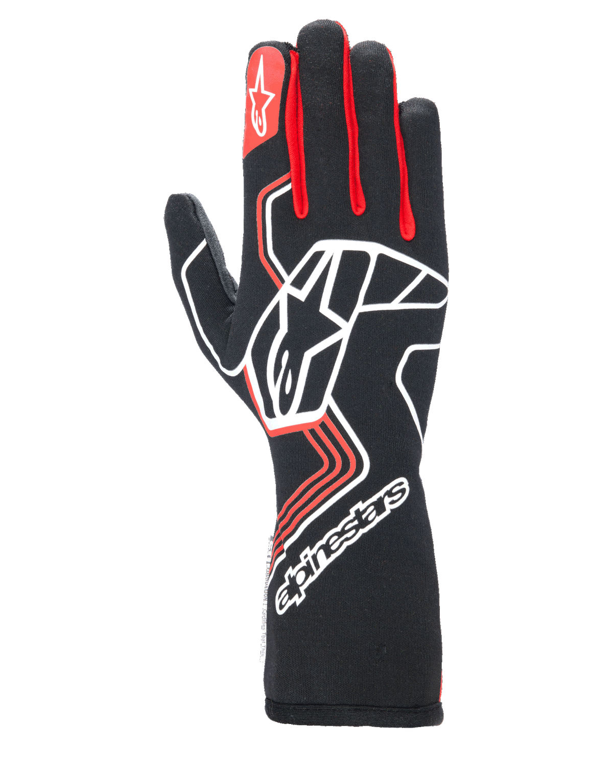 Alpinestars Tech-1 Race V4 handschoenen, autoracinghandschoenen, zwart met rode en witte accenten, met een groot wit sterlogo op de rug van de hand, rode vingerinzetten, witte merknaam op de verlengde manchet en geometrische patronen.