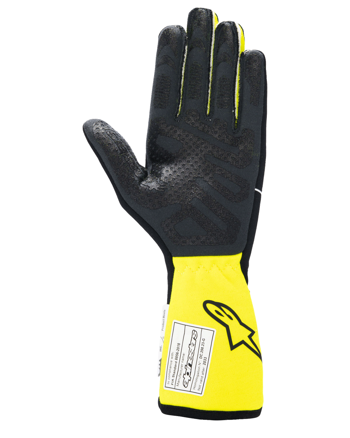 Alpinestars Tech-1 Race V4 handschoenen, autoracehandschoenen, zwart en fluogeel, handpalmweergave met getextureerde siliconen grip, verlengde gele manchet met FIA-certificeringslabel, hoogwaardige motorsportuitrusting