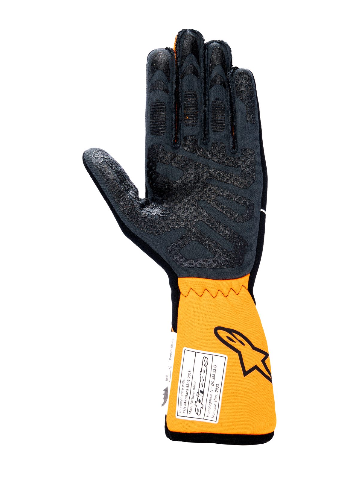 Alpinestars Tech-1 Race V4 handschoenen, autorace-handschoenen, handpalmaanzicht in zwart en oranje fluo, voorzien van siliconen grippatroon op de handpalm en vingers, verlengde oranje manchet met FIA-homologatielabel en Astars-logo