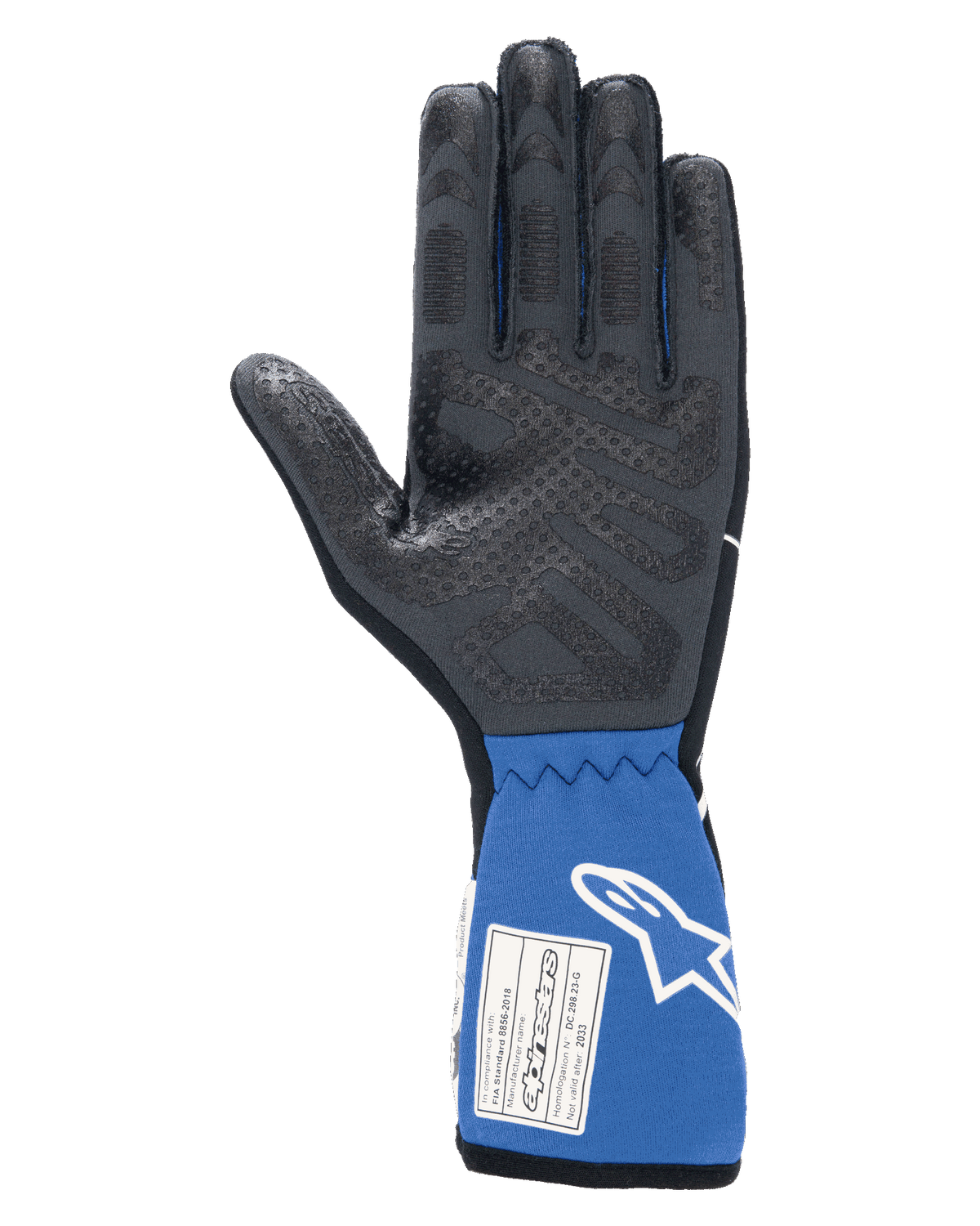 Alpinestars Tech-1 Race V4 handschoenen, zwart en blauw, binnenzijde handpalm met getextureerd siliconen grippatroon, verlengde blauwe manchet met FIA-certificeringslabel en wit Alpinestars-logo, professionele autorace-uitrusting