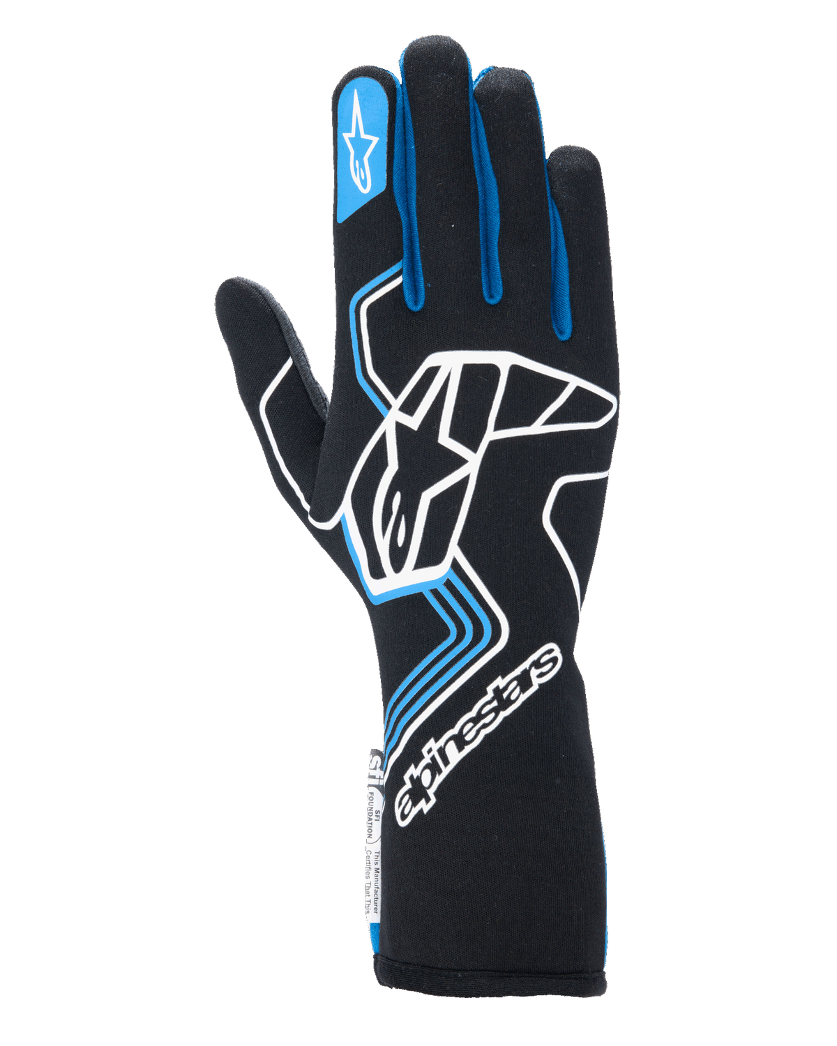 Alpinestars Tech-1 Race V4 handschoenen, autosporthandschoenen, zwart met blauwe en witte accenten, voorzien van groot wit logo op de handrug, blauwe biezen op de vingers en een verlengde manchet, professioneel vlamwerend ontwerp voor de motorsport
