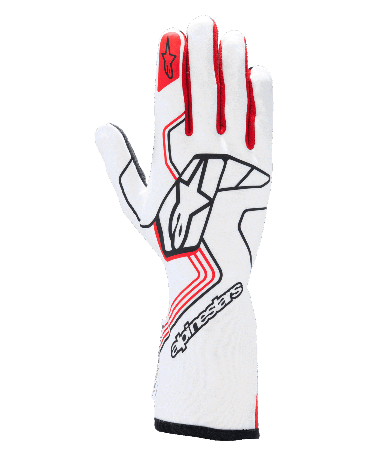 Alpinestars Tech-1 Race V4 handschoenen, racinghandschoenen voor de autosport, wit en rood met zwarte accenten, met een opvallend zwart Alpinestars-logo op de handrug, rood ster-embleem op de wijsvinger, professioneel ontwerp met lange manchet