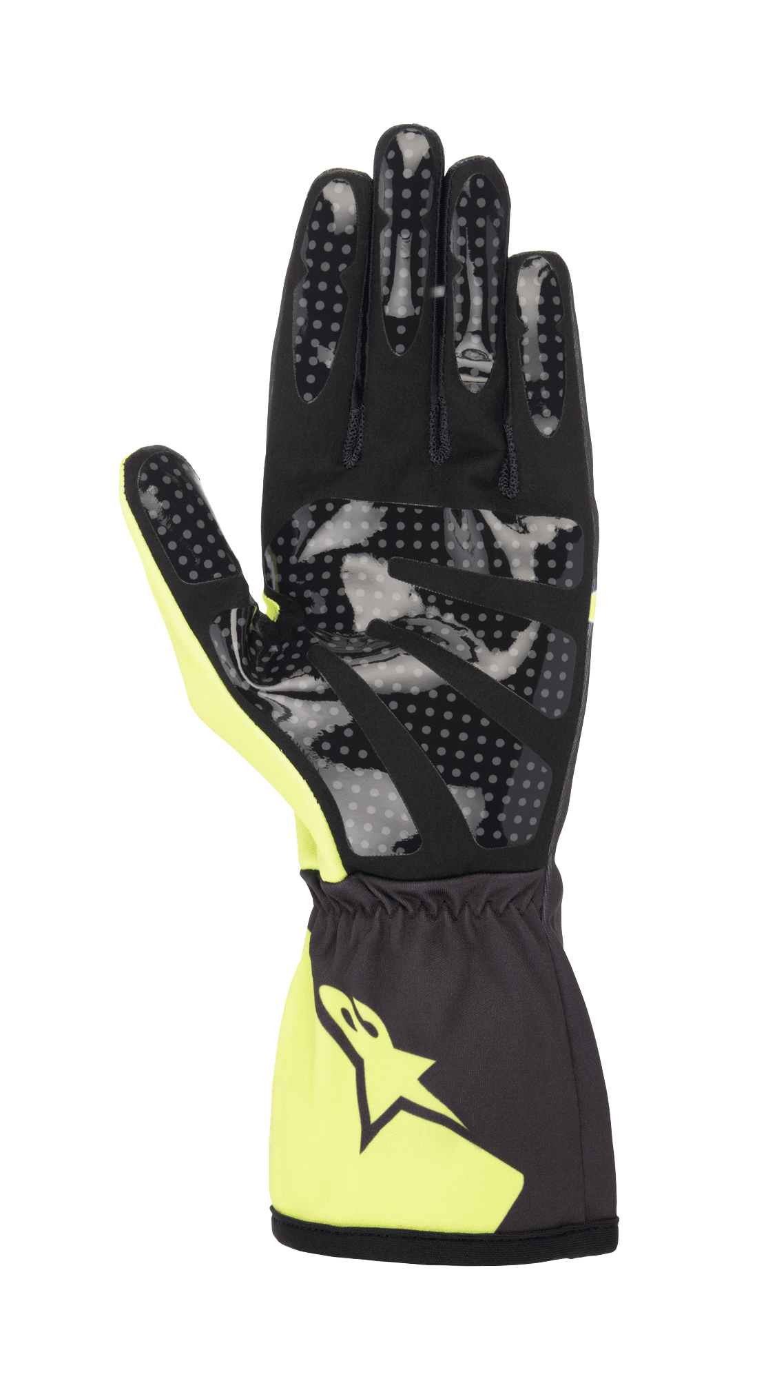 Alpinestars Jeugd Tech-1 K Race S V2 Corporate handschoenen, karthandschoenen, antraciet en lime, zicht op de handpalm met gestippelde siliconen gripprint, synthetisch suède handpalm en elastische manchet met Alpinestars-logo