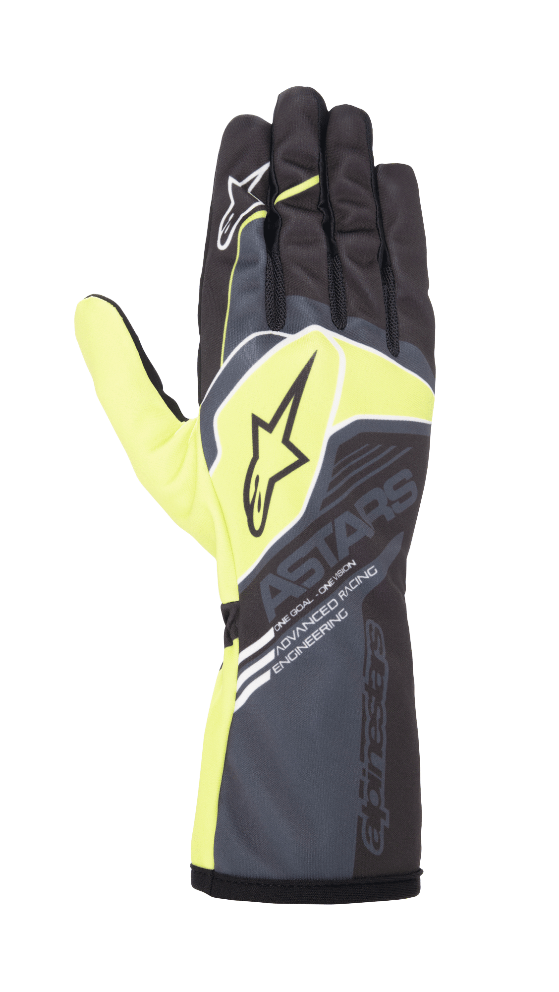 Alpinestars Youth Tech-1 K Race S V2 Corporate handschoenen, karthandschoenen, antraciet en limegroen, voorzien van sterlogo's en 'ASTARS'-branding, lange manchet met 'Advanced Racing Engineering'-tekst, performance racing-ontwerp voor jeugdrijders