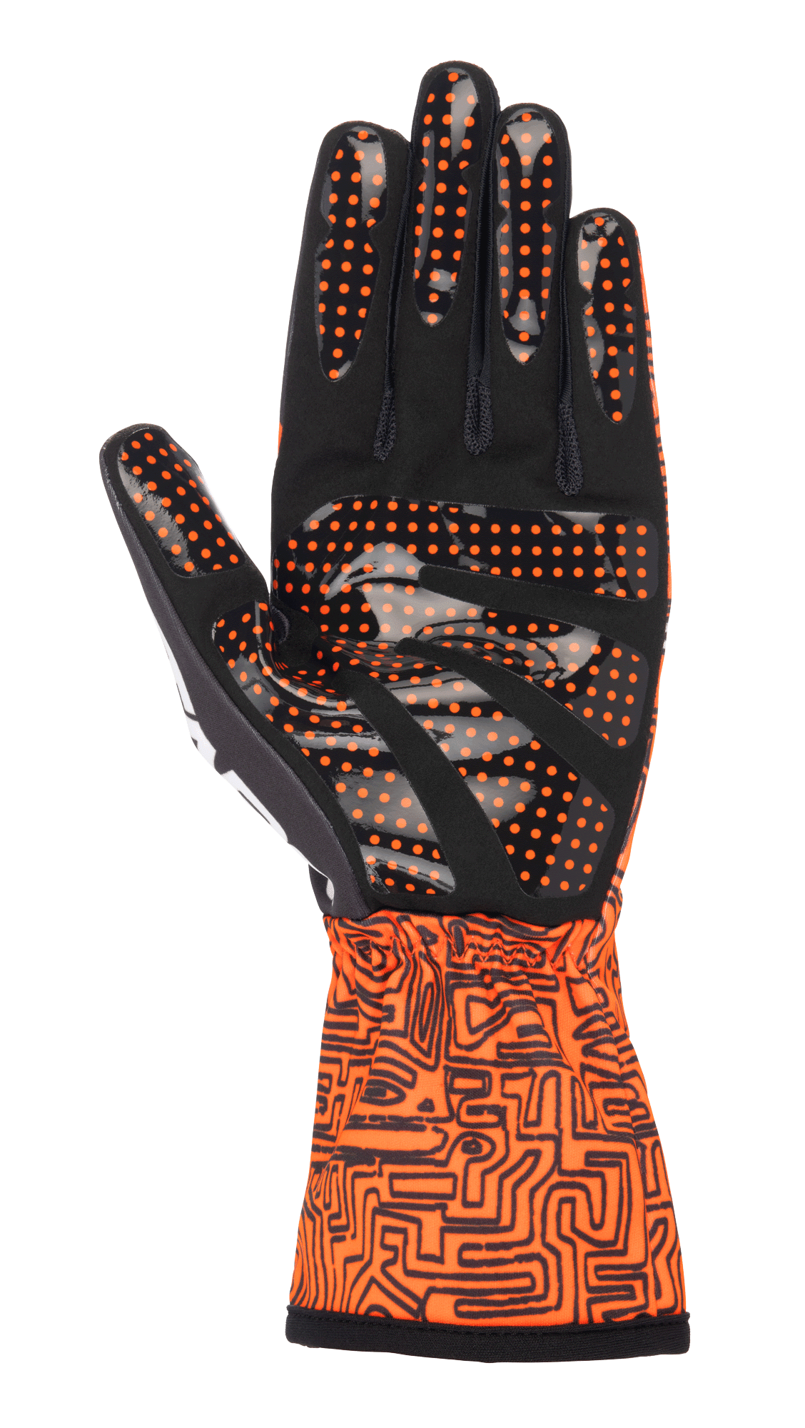 Alpinestars Tech-1 K Race V2 Vertical handschoenen, karthandschoenen, fluo oranje en zwart, handpalmzicht toont zwart synthetisch suède met oranje siliconen nopjesgrip, gauntlet-manchet met een verfijnd zwart grafisch patroon, ontworpen voor nauwkeurige controle tijdens het karten