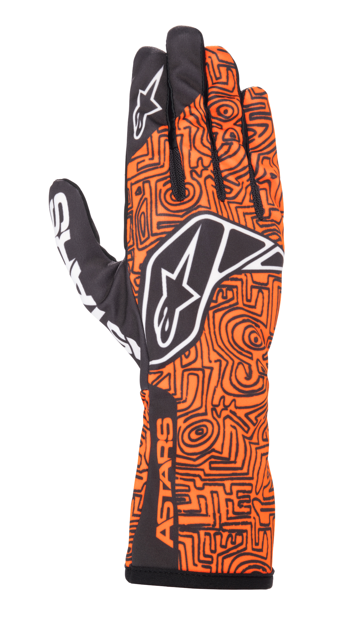 Alpinestars Tech-1 K Race V2 Vertical handschoenen, karting racinghandschoenen, fluo oranje en zwart, met een complex zwart doolhofachtig geometrisch patroon, wit Alpinestars-logo op de handrug en wijsvinger, ASTARS-branding op de zijkant van de pols, lichtgewicht ademend mesh-ontwerp