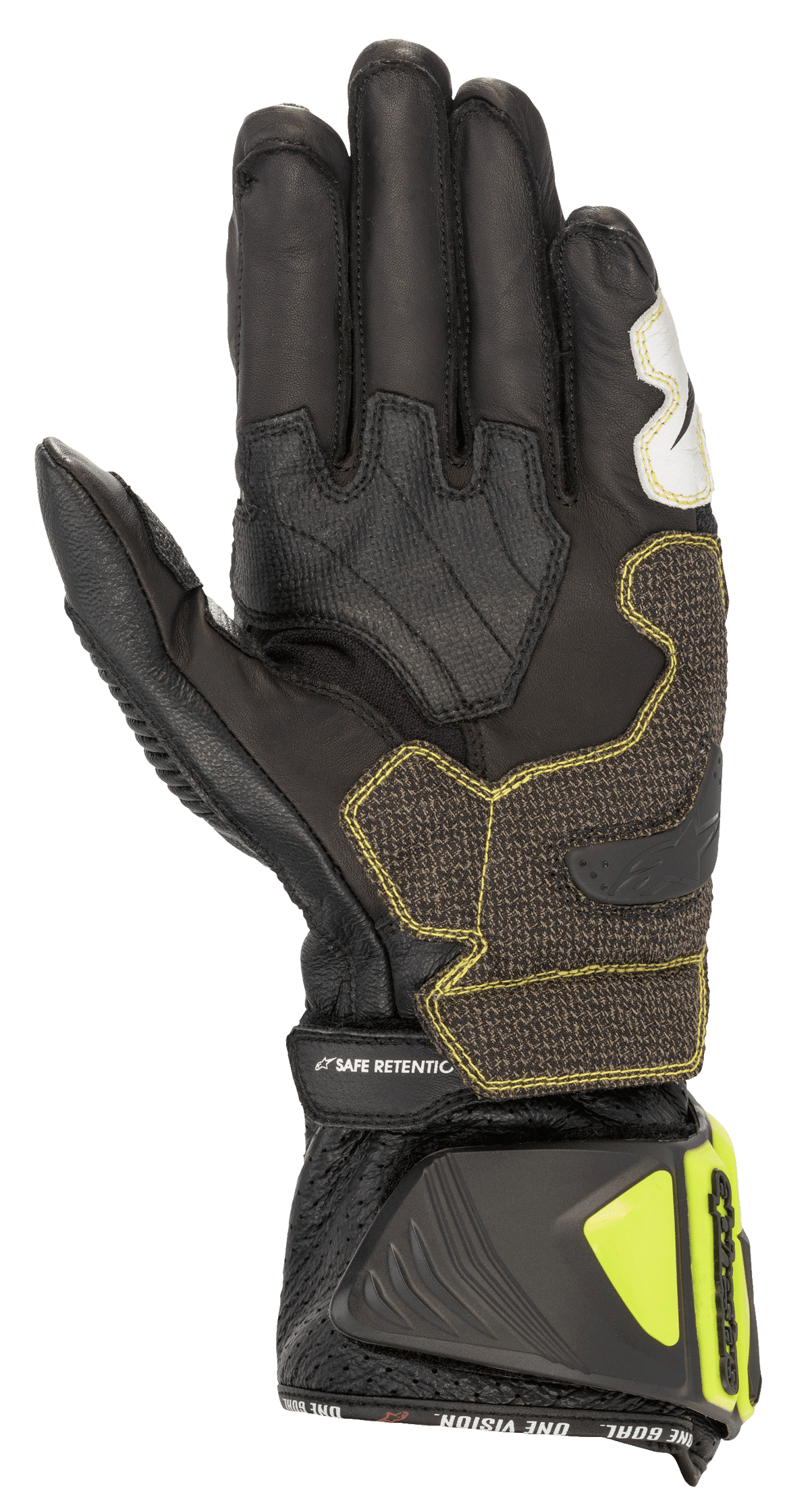 Alpinestars GP Tech V2 Handschoenen, zwart en fluogeel, zijaanzicht van de handpalm met kangoeroelederen constructie, versterkte grippanelen met gele stiksels, ergonomische manchet met fluogele beschermers en 'SAFE RETENTION' strap, professionele motorrace-uitrusting