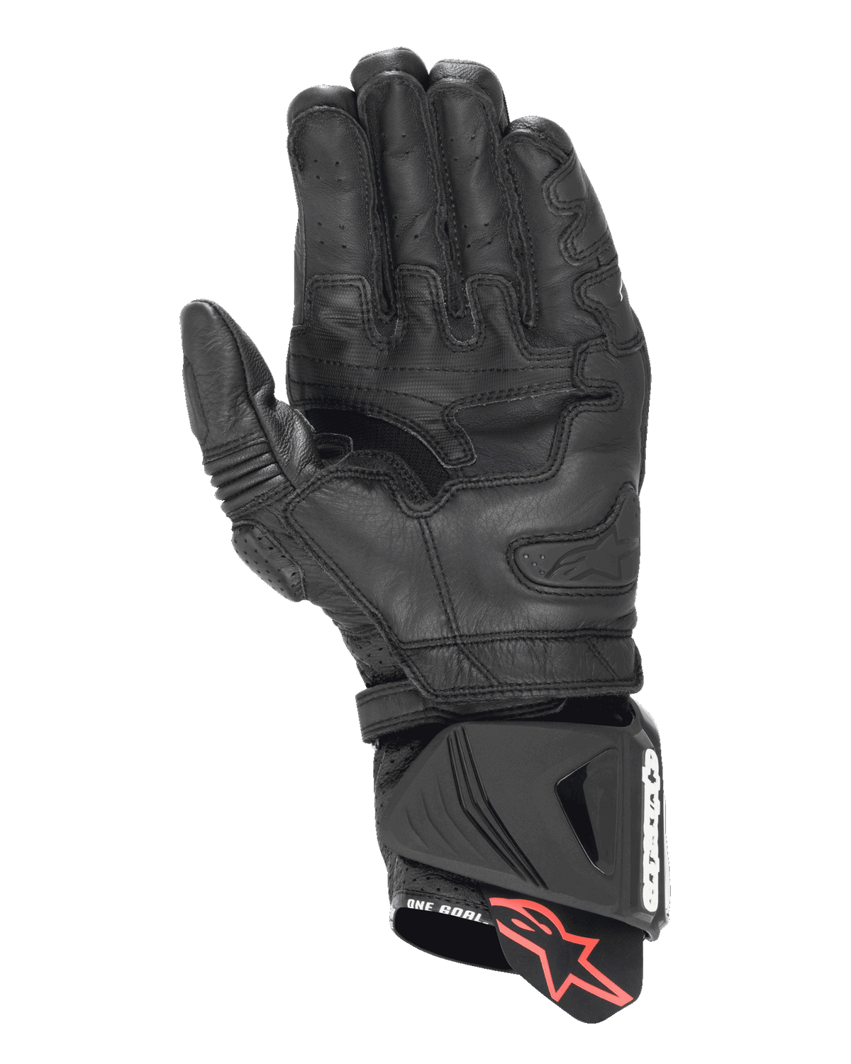 Alpinestars GP Pro R4 handschoenen, racehandschoenen, zwart, aanzicht van de handpalm met versterkte lederen constructie, geperforeerde vingerdetails en DFS-manchetbeschermer met treklipje met rood sterlogo