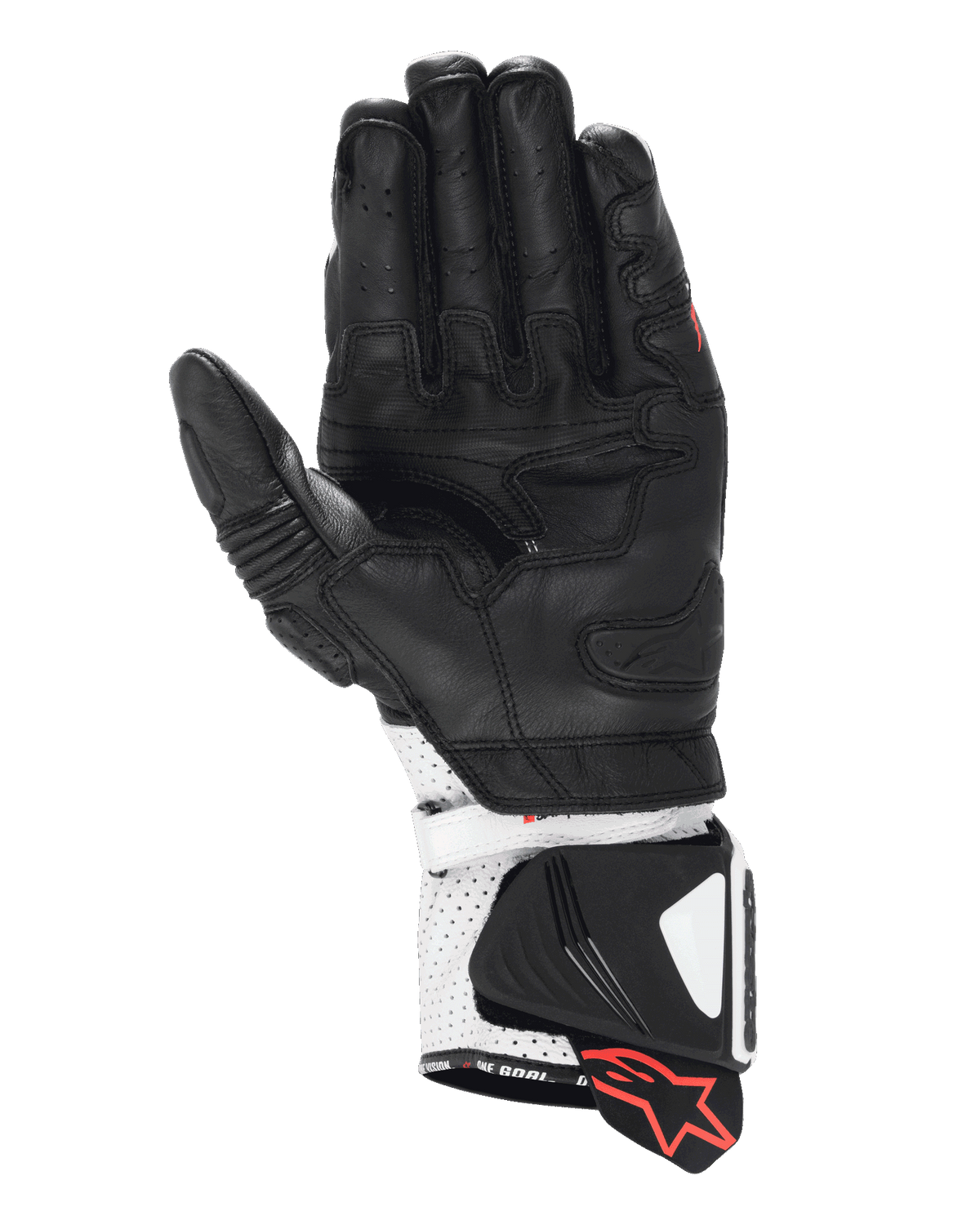 Alpinestars GP Pro R4 handschoenen, racehandschoenen, zwart en wit, zicht op de handpalm met hoogwaardige lederen constructie, geperforeerde manchet met harde sliders en rode logo-accenten