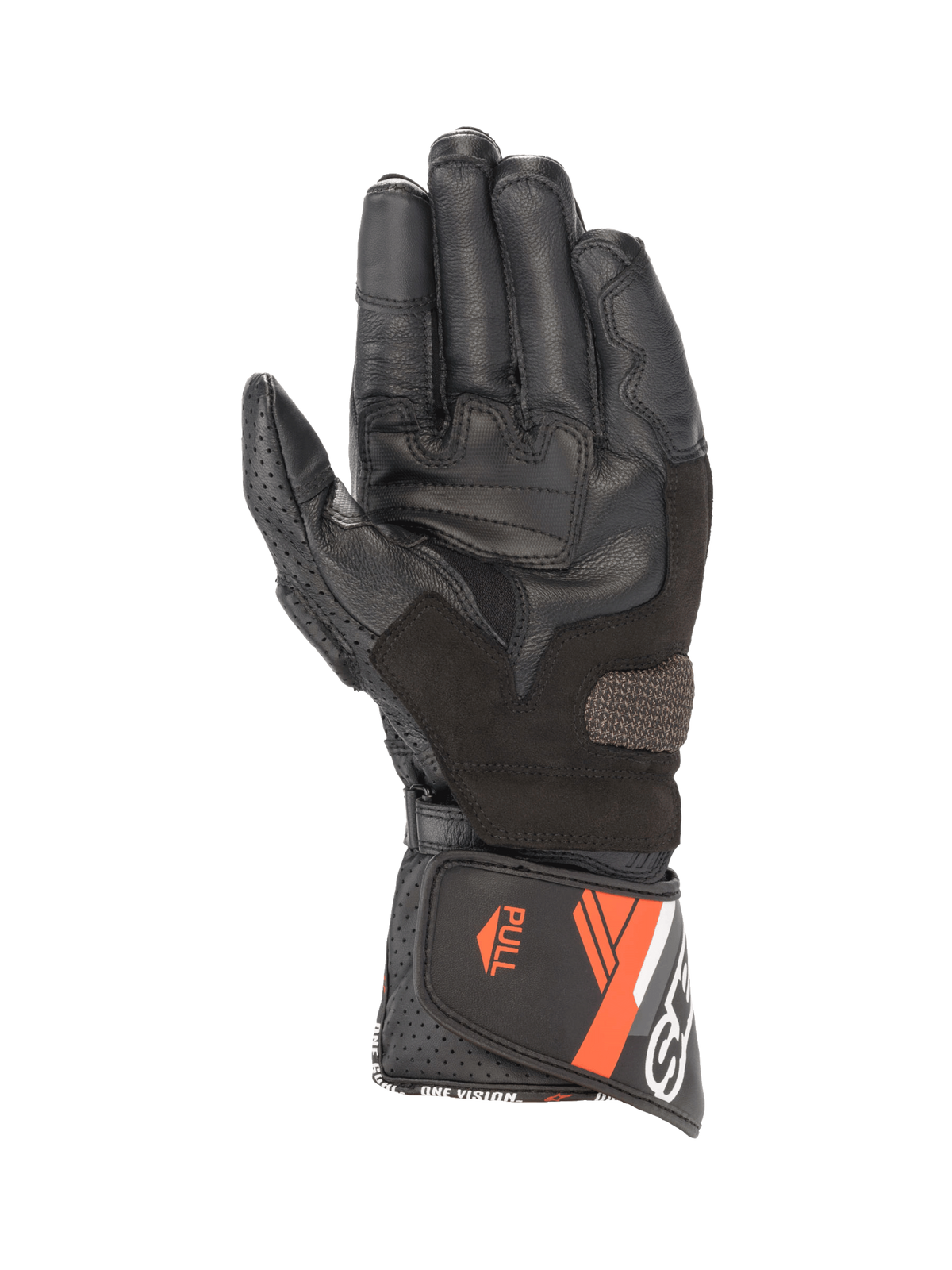 Alpinestars SP-8 V3 herenmotorhandschoenen, zwart en rood fluo, handpalm met grip-inzetstukken en veilige manchetsluiting.