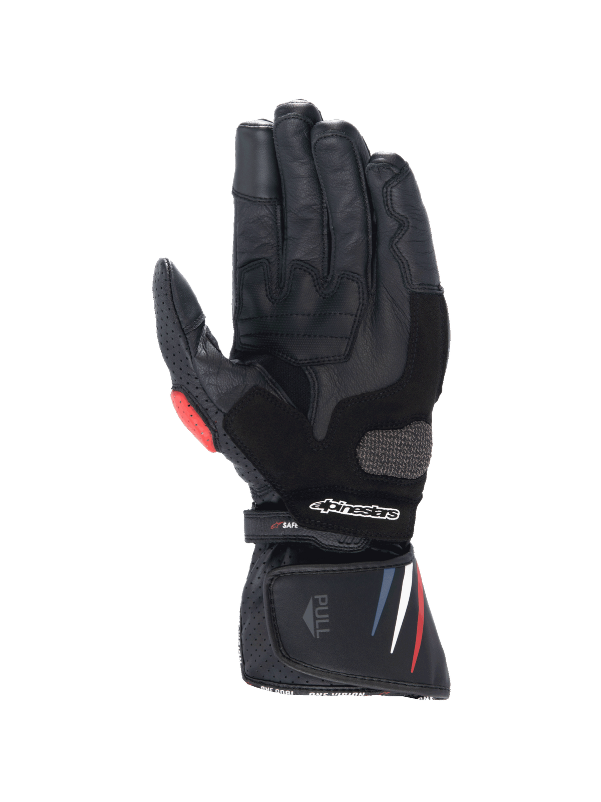 Alpinestars Honda SP-8 V3 herenmotorhandschoenen, palmzijde in zwart leer met rode en blauwe accenten en touchscreen-tip.