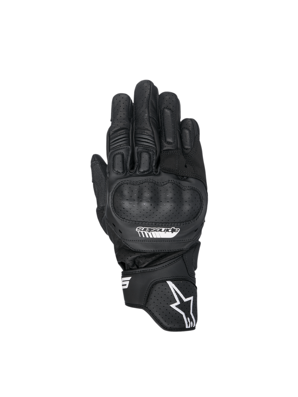 Alpinestars SP-5 handschoenen, zwarte leren motorhandschoenen met polymeer knokkelbescherming en geperforeerde details.