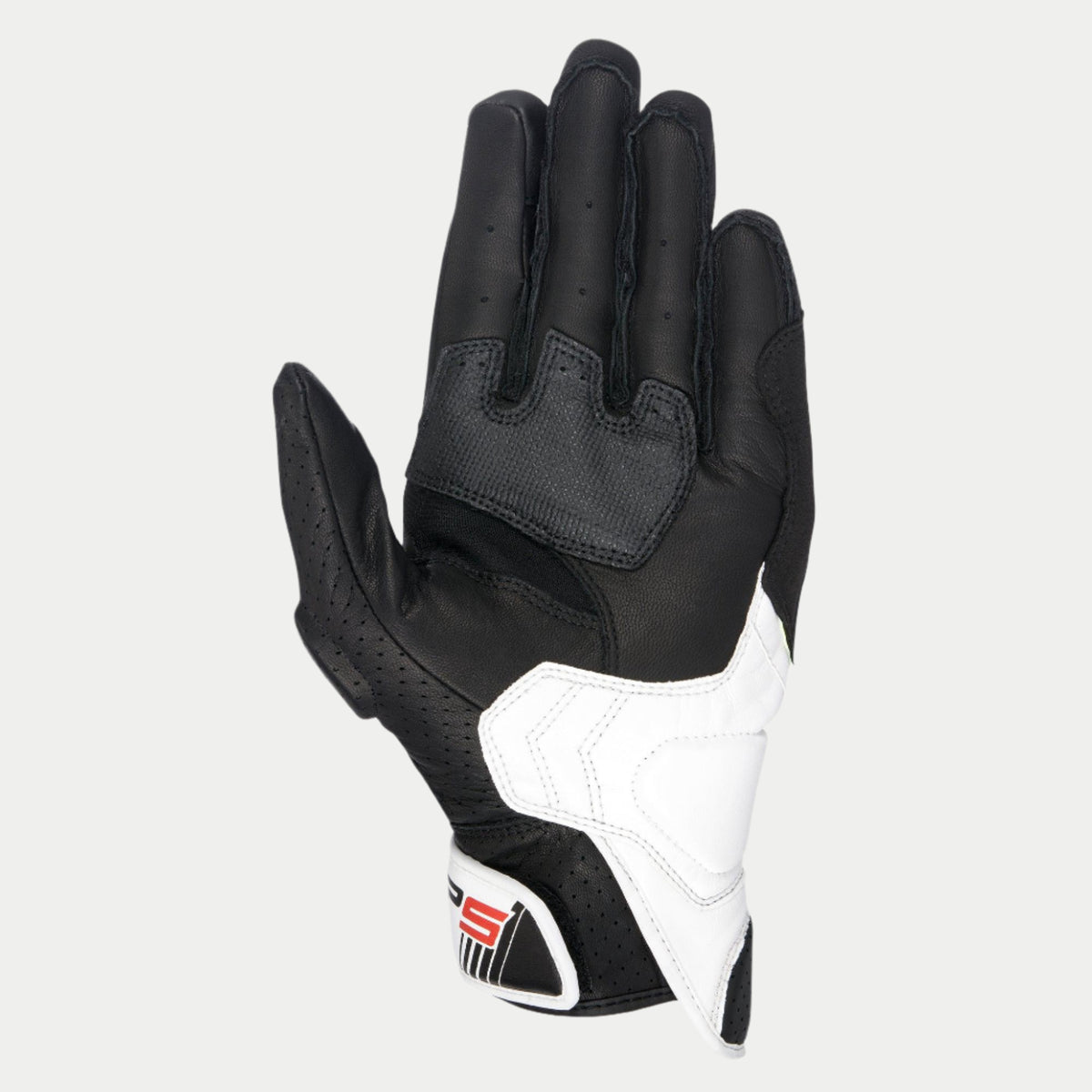 Alpinestars SP-5 handschoenen, handpalmzicht, zwart en wit leer, voorzien van microvezel grip-inzetstukken op de palm en duim, geperforeerd leer voor ventilatie, witte versteviging aan de pinkzijde en SP-5-logo op de polssluiting.