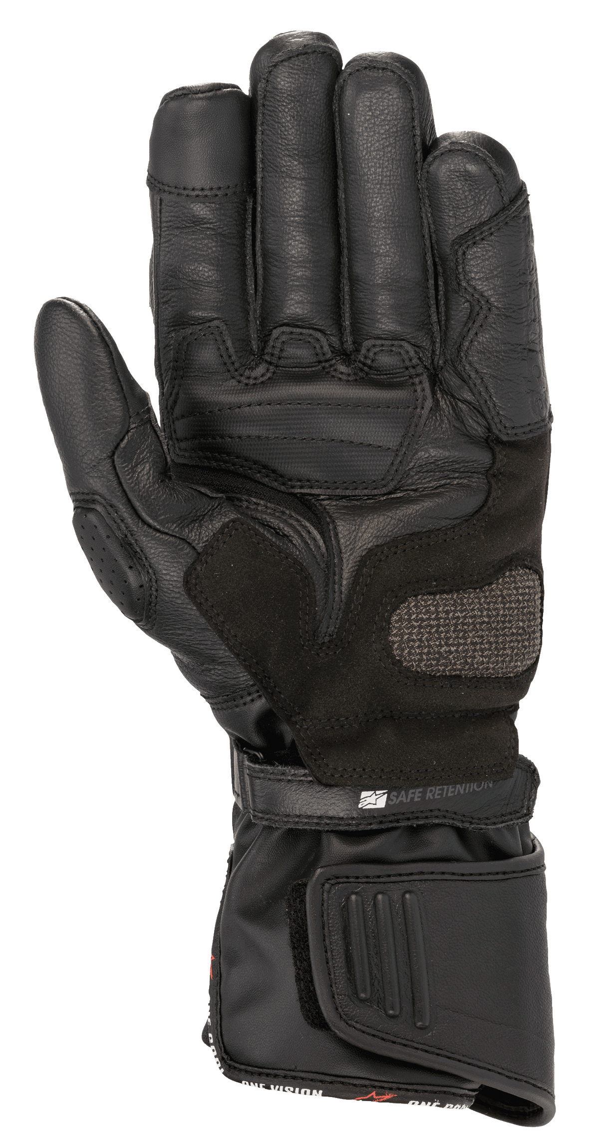 Alpinestars SP-8 HDry® handschoenen, motorhandschoenen, zwart, handpalmweergave met versterkte lederen constructie, ARShield landingszone en dubbel sluitsysteem met 'Safe Retention'-band, waterdichte sportieve rijbescherming.