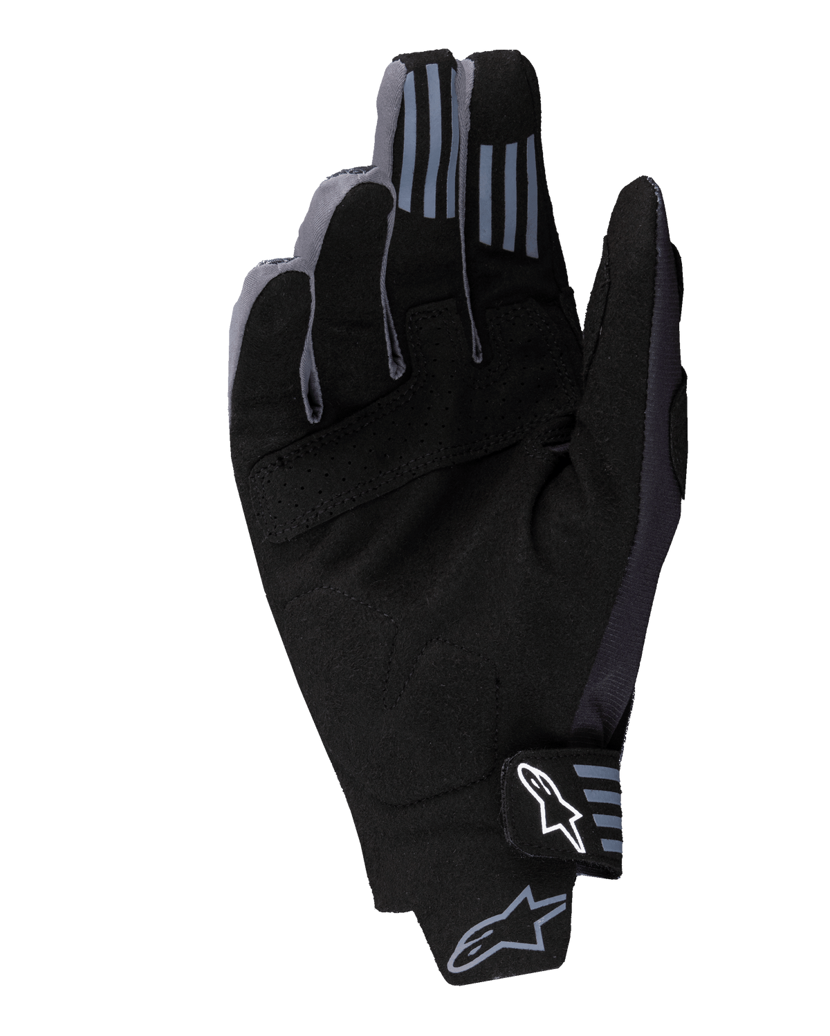 Alpinestars 2025 Techstar handschoenen, motorcross handschoenen, zwart, handpalmzicht met synthetisch suède materiaal en geperforeerde details, siliconen grip op de vingertoppen en wit Alpinestars-logo op de polssluiting.